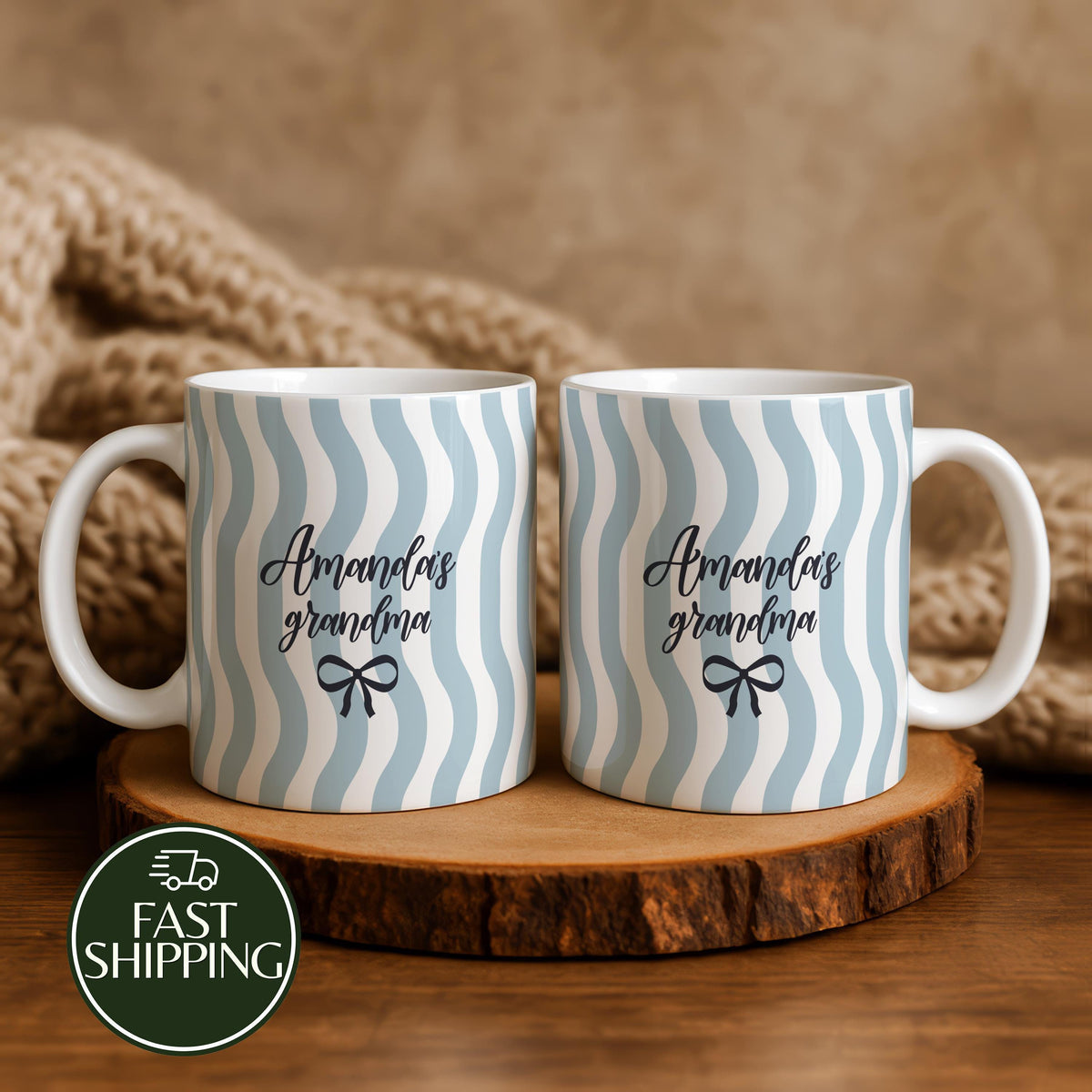 Personalized Grandma Ceramic Cup, Wavy Striped Patterned Coffee Mug