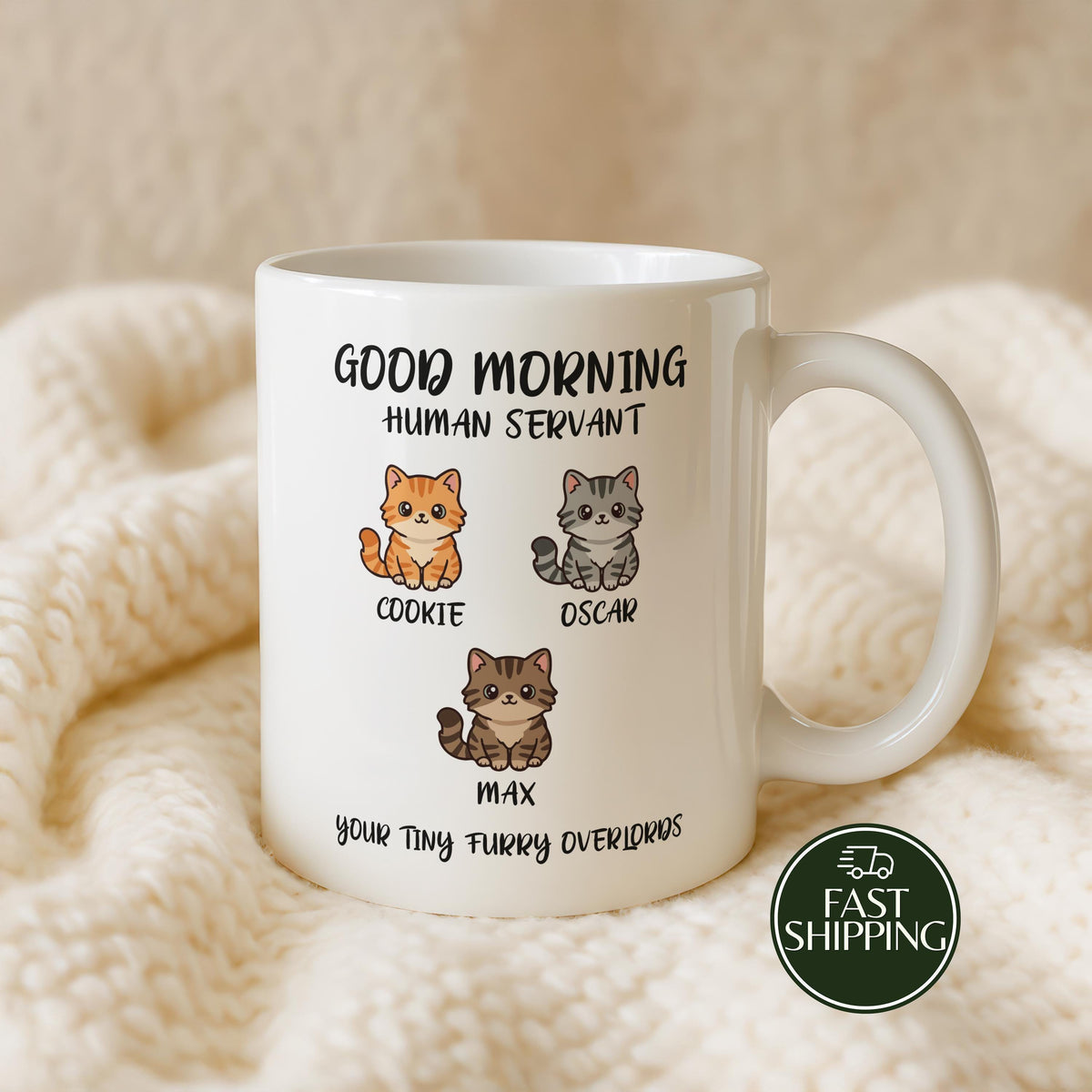 Personalized Good Morning Human Servant Mug, Custom Pet Name Coffee Cup