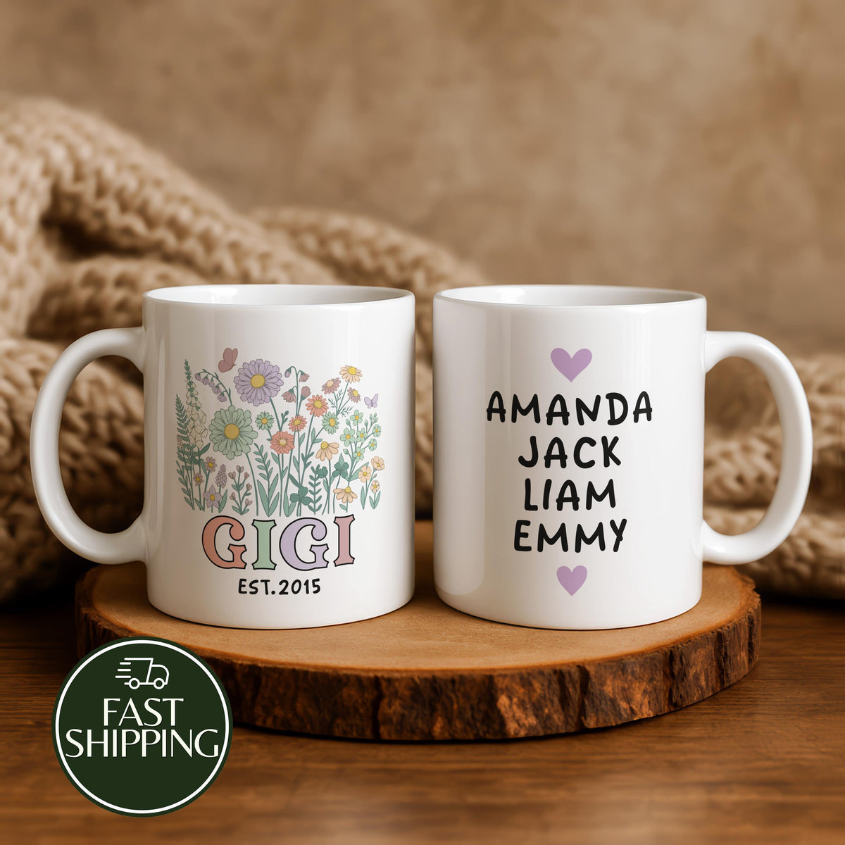 Personalized Floral Gigi Ceramic Mug, Custom Grandma Coffee Cup with Grandkids Names
