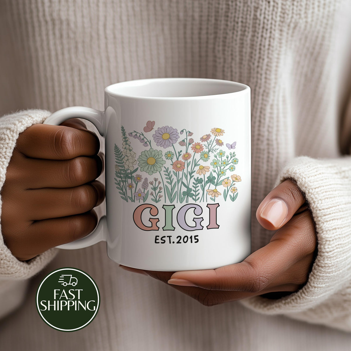 Personalized Floral Gigi Ceramic Mug, Custom Grandma Coffee Cup with Grandkids Names