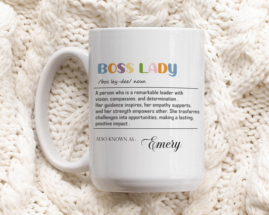 Personalized Boss Lady Noun Coffee Mug, Female Boss Ceramic Cup, Office Mug For Women
