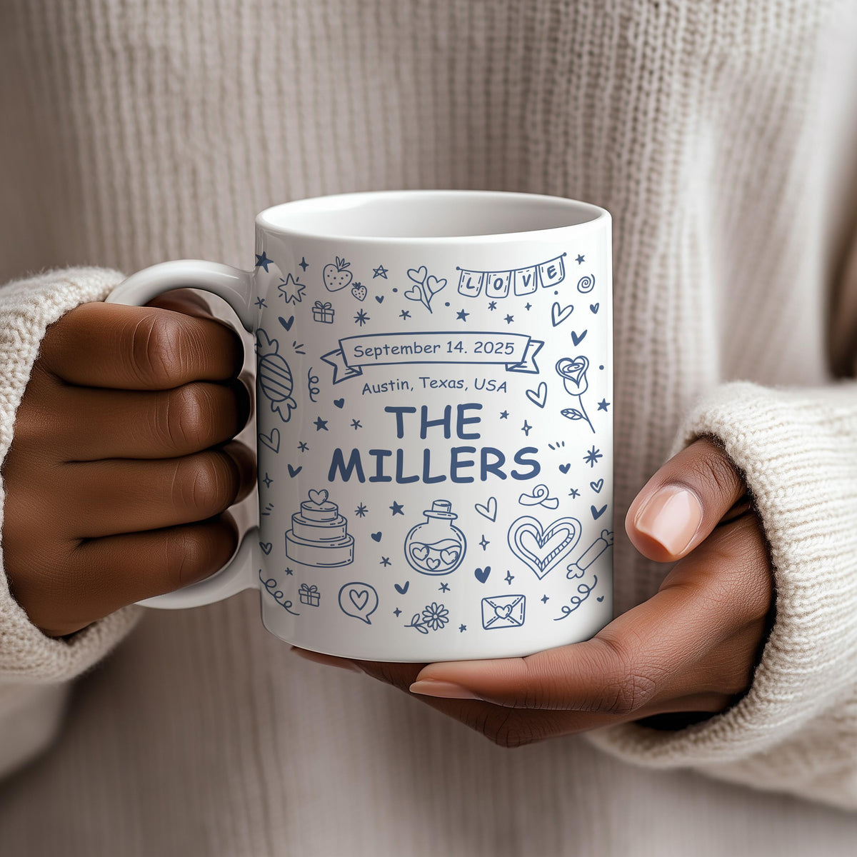 Custom Family Name Wedding Mug, Personalized Coffee Cup With Doodles, Wedding Souvenir Mug