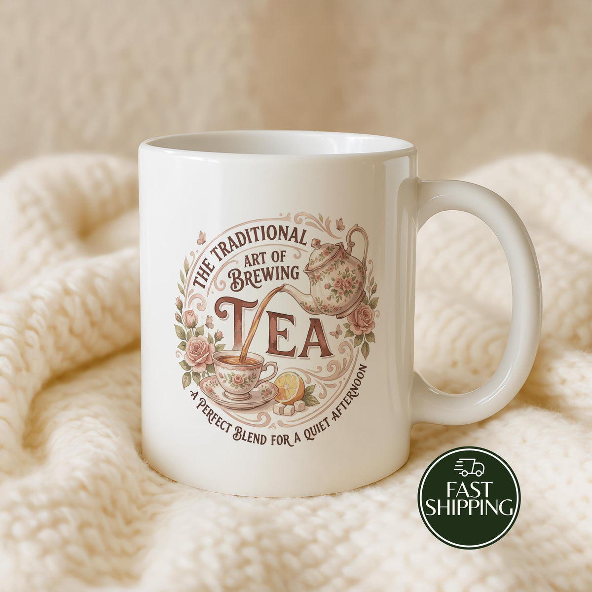 The Traditional Art Of Brewing Ceramic Mug, Elegant Tea Time Mug with Teapot and Roses
