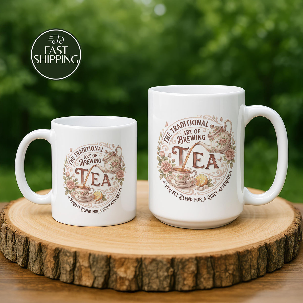 The Traditional Art Of Brewing Ceramic Mug, Elegant Tea Time Mug with Teapot and Roses