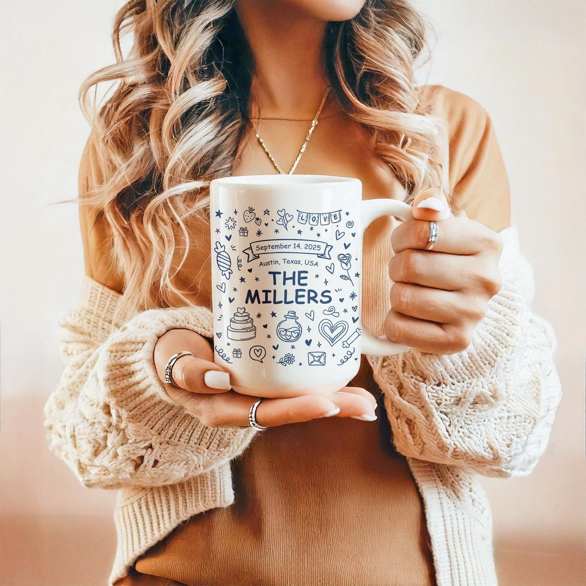 Custom Family Name Wedding Mug, Personalized Coffee Cup With Doodles, Wedding Souvenir Mug