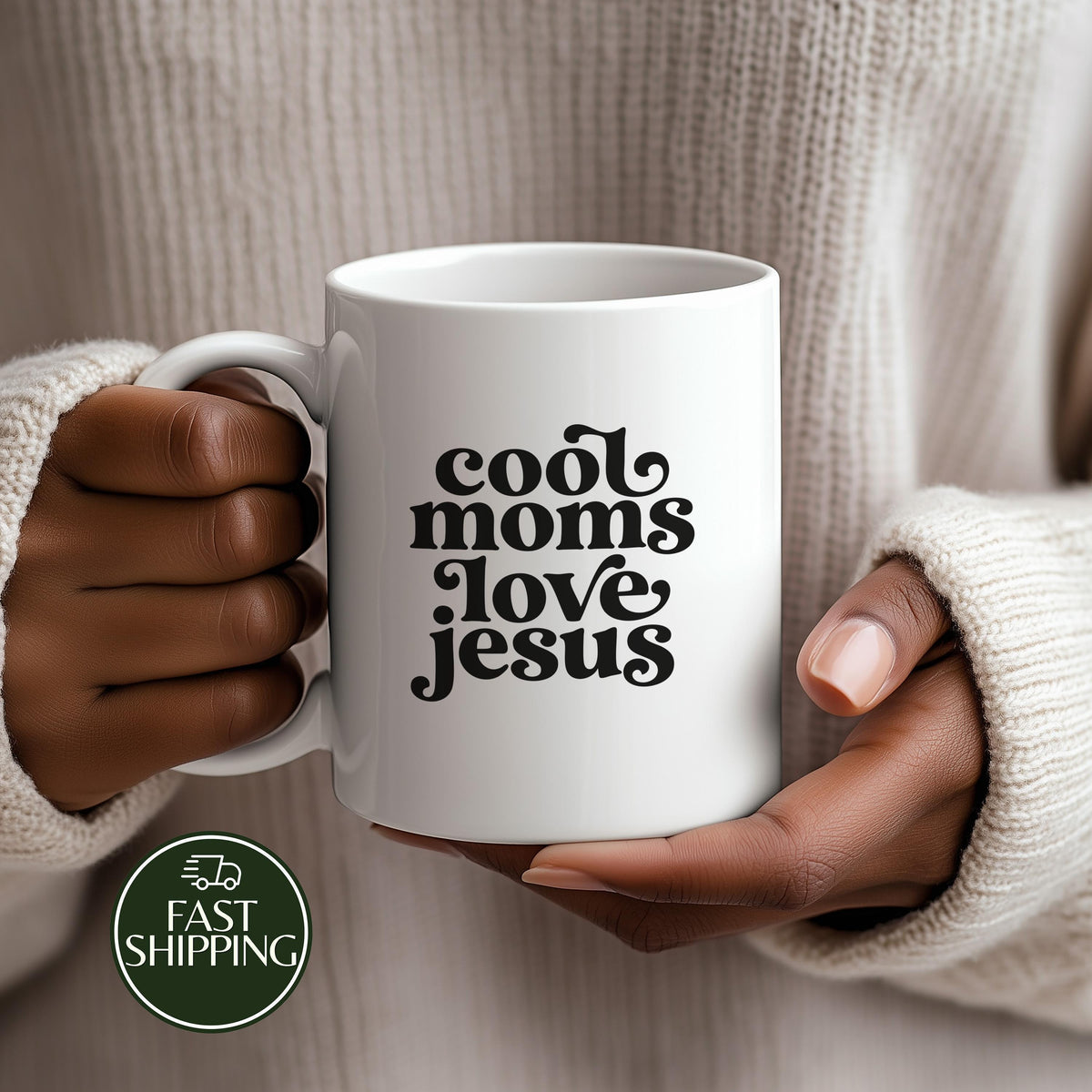 Cool Mom Loves Jesus Coffee Mug, Groovy Text Christian Ceramic Tea Cup, Religious Mother Gift