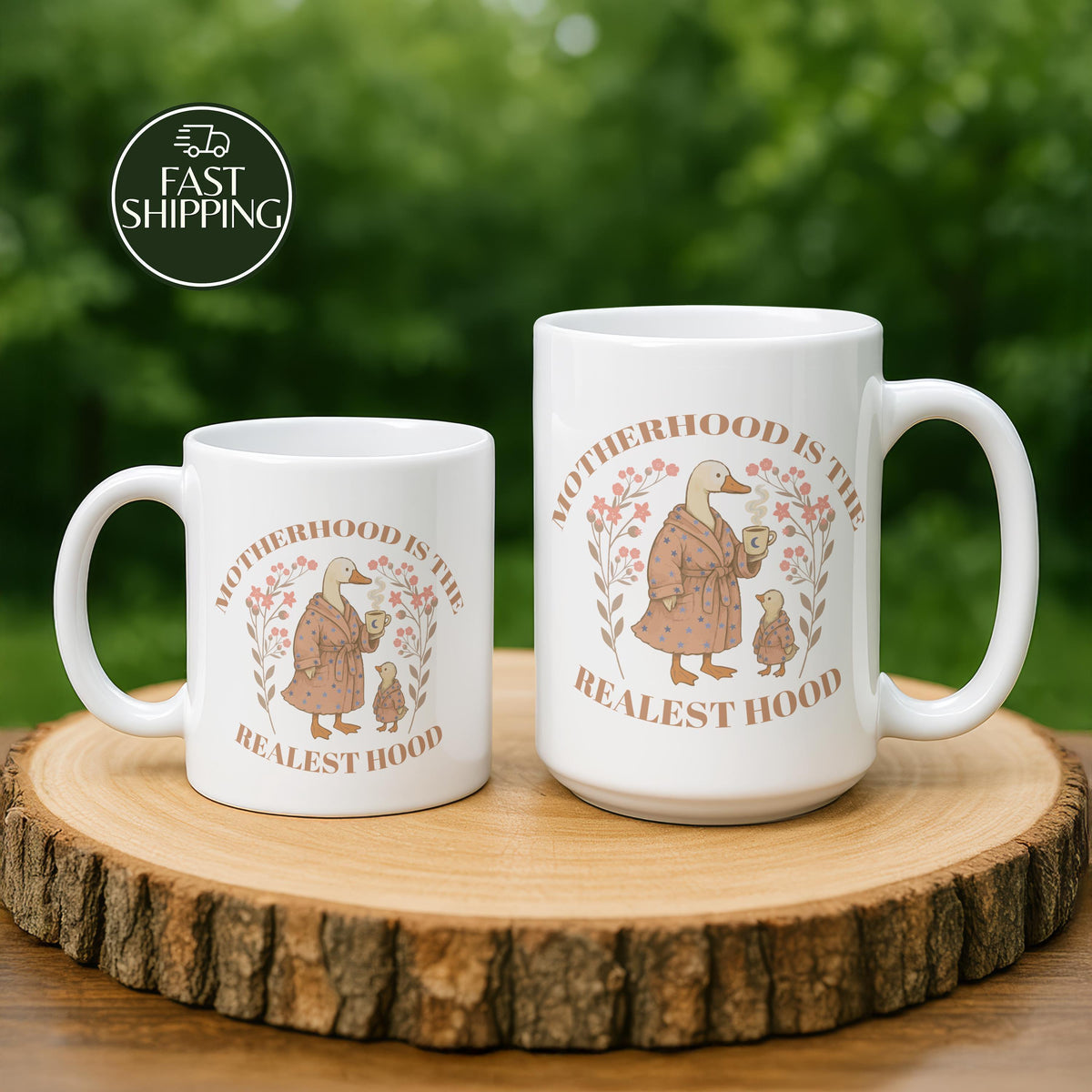 Motherhood Is The Realist Hood Coffee Mug, Silly Goose Mom & Baby Design Ceramic Tea Cup