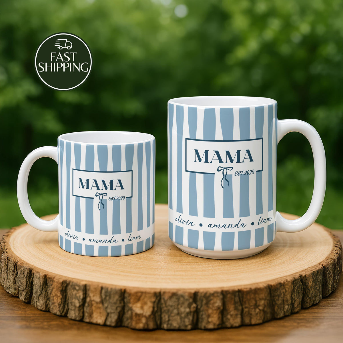 Personalized Chic Blue Stripe Mama Coffee Mug with Cute Bow