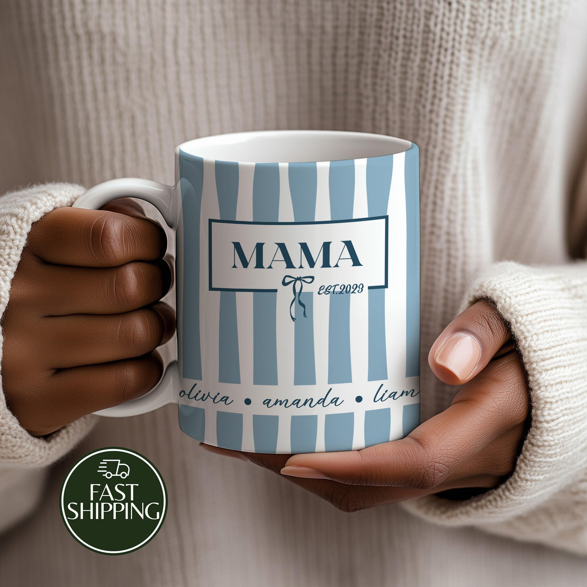 Personalized Chic Blue Stripe Mama Coffee Mug with Cute Bow