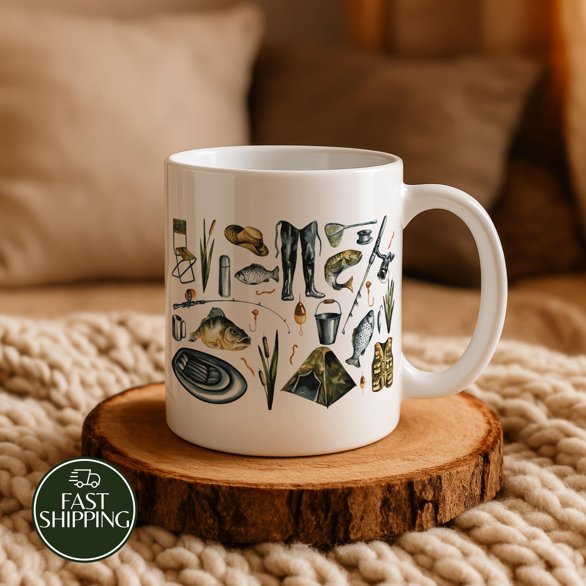 Design Optional Fishing Tools Illustration Mug, Fisherman Hobby Coffee Cup, Angler Life Gift