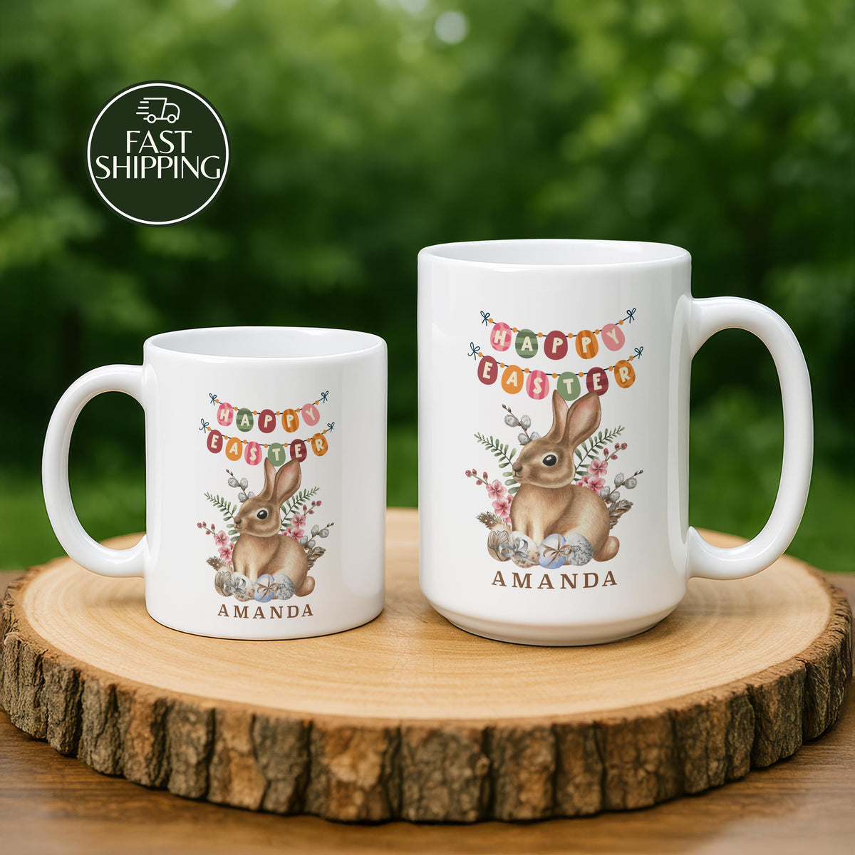 Personalized Happy Easter Ceramic Cup, Custom Name Bunny Coffee Mug, Easter Basket Stuffer