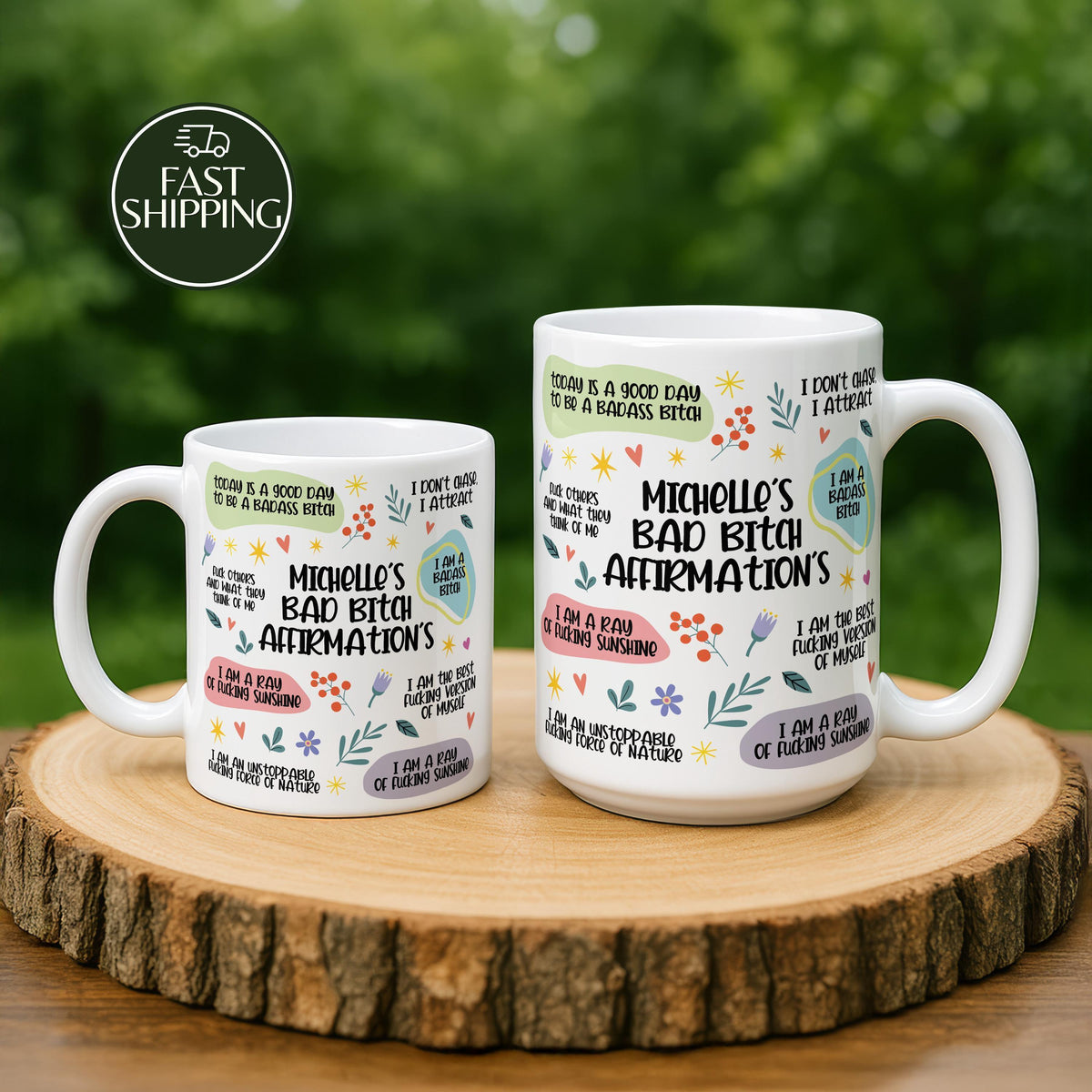Custom Name Bad Bitch Affirmations Coffee Mug, Swear Words Motivational Ceramic Cup