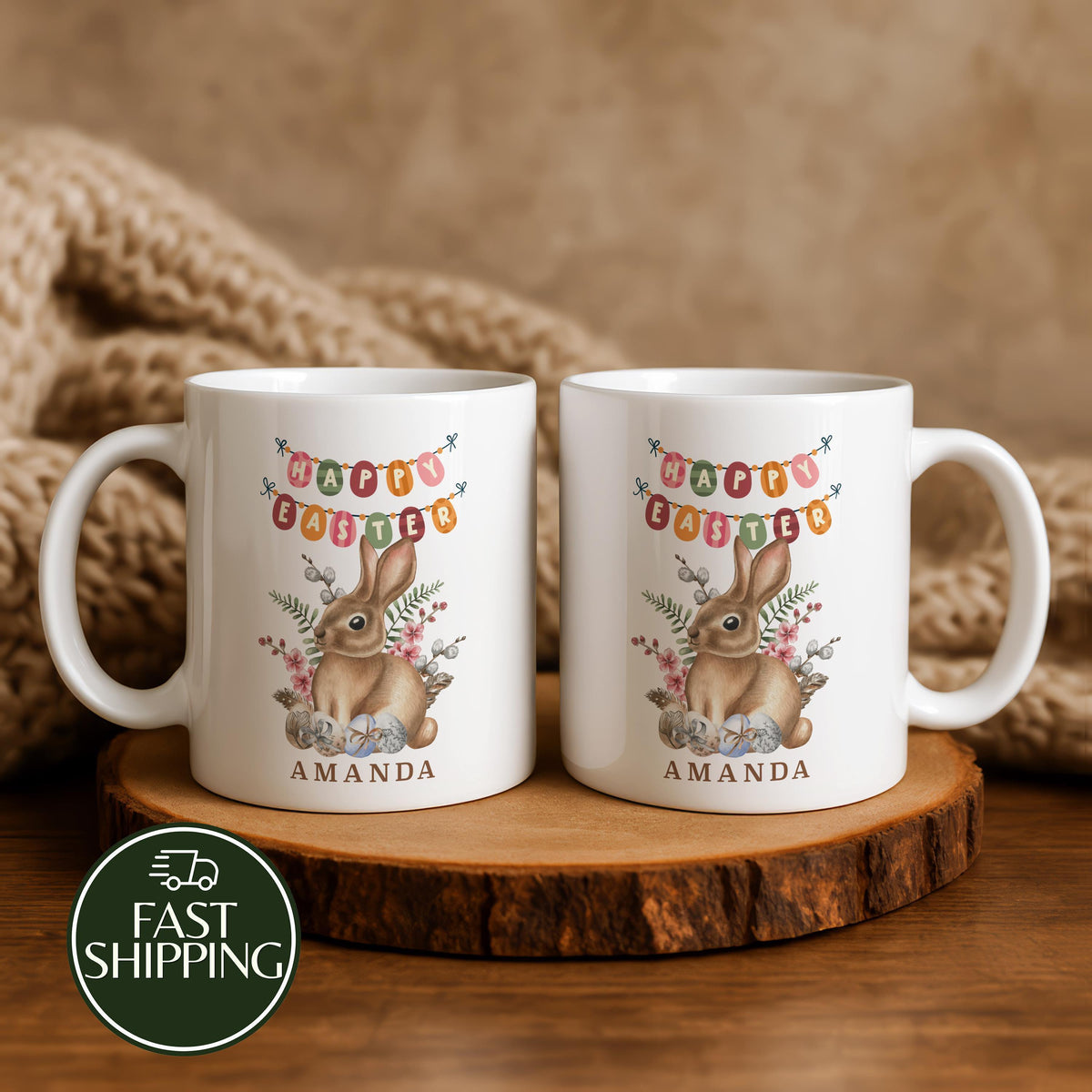 Personalized Happy Easter Ceramic Cup, Custom Name Bunny Coffee Mug, Easter Basket Stuffer