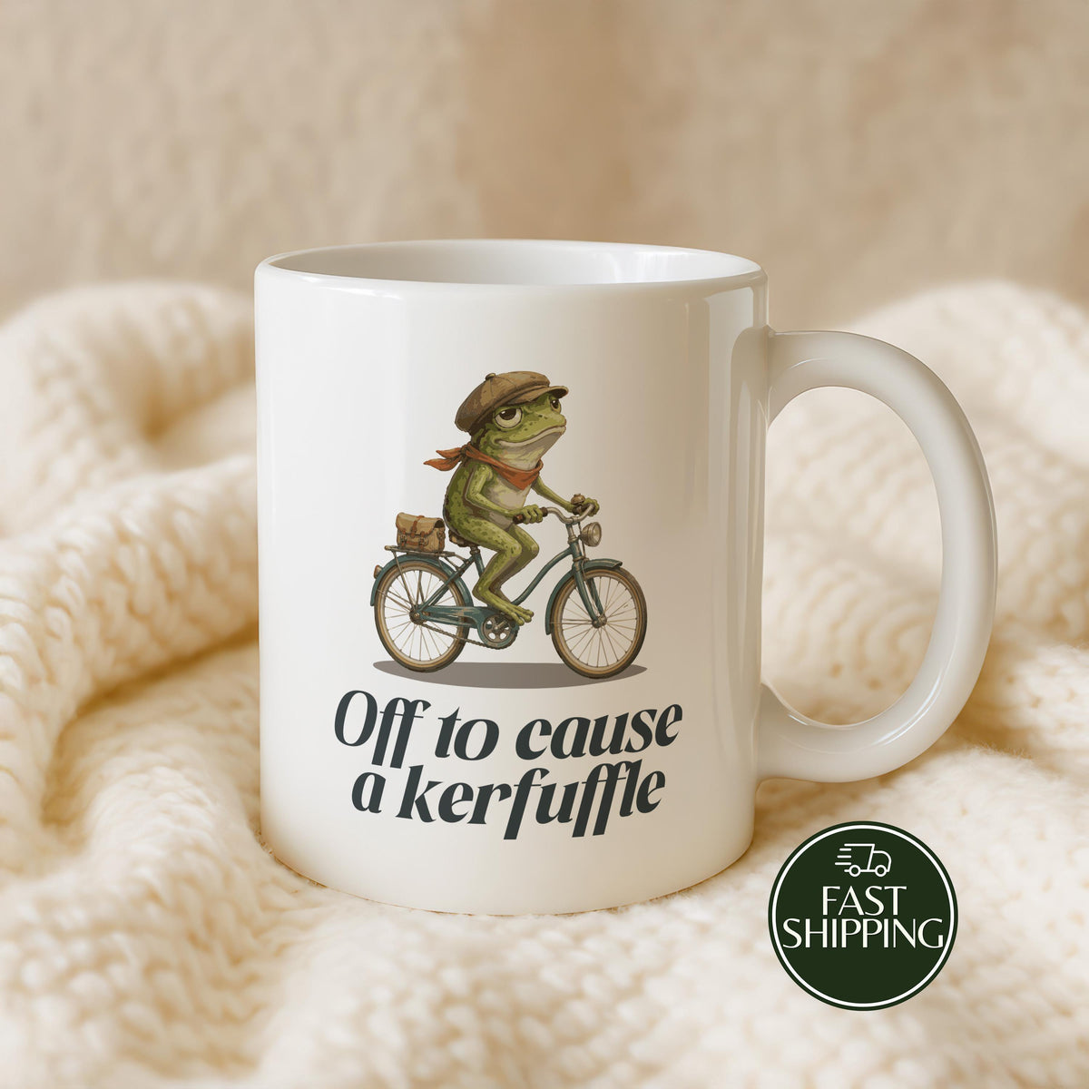Off to Cause a Kerfuffle Coffee Mug, Funny Frog on Bike Ceramic Cup