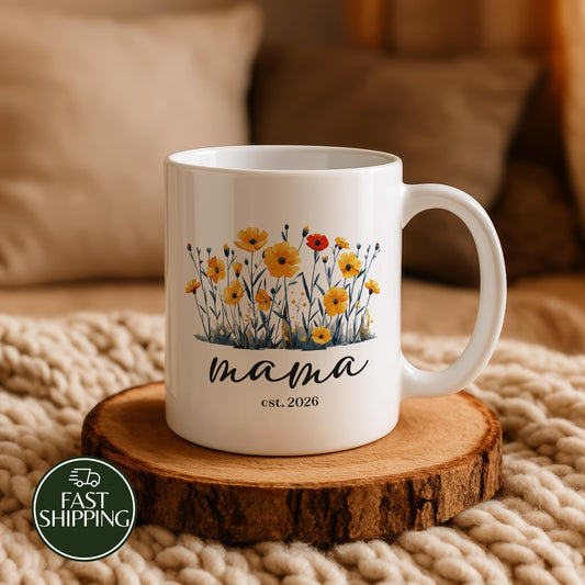 Personalized Floral Mama Est Coffee Mug, Boho Wildflower Design Pottery Tea Cup