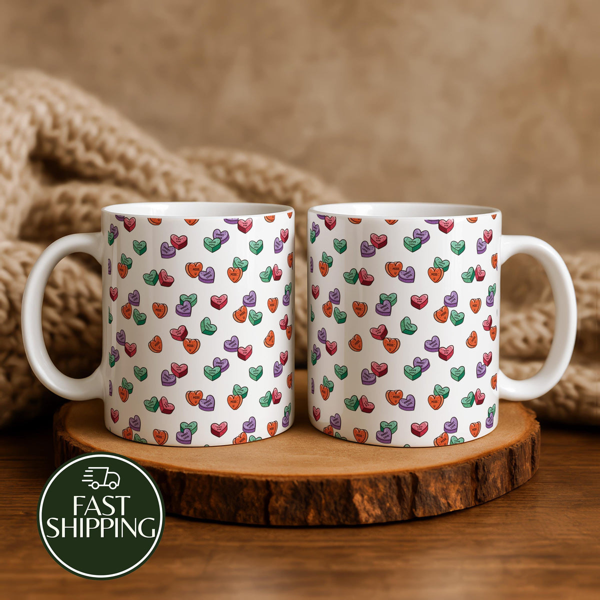 Candy Hearts Pattern Ceramic Mug, Cute Romantic Valentine's Day Gift