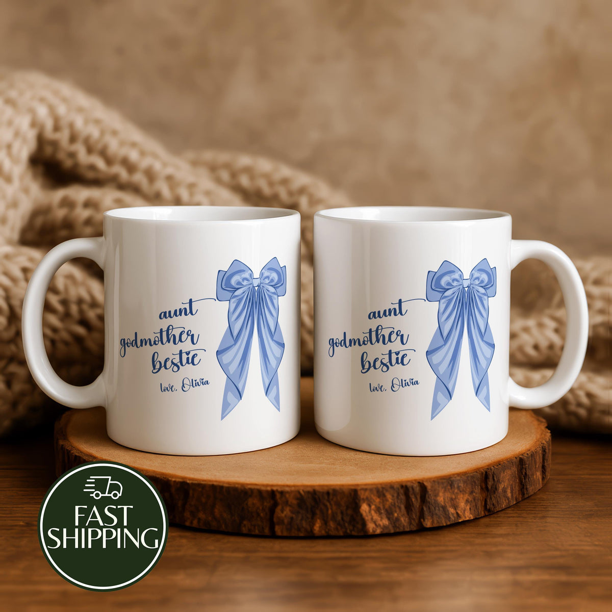 Personalized Aunt Godmother Bestie Coffee Mug, Blue Coquette Bow Ceramic Cup