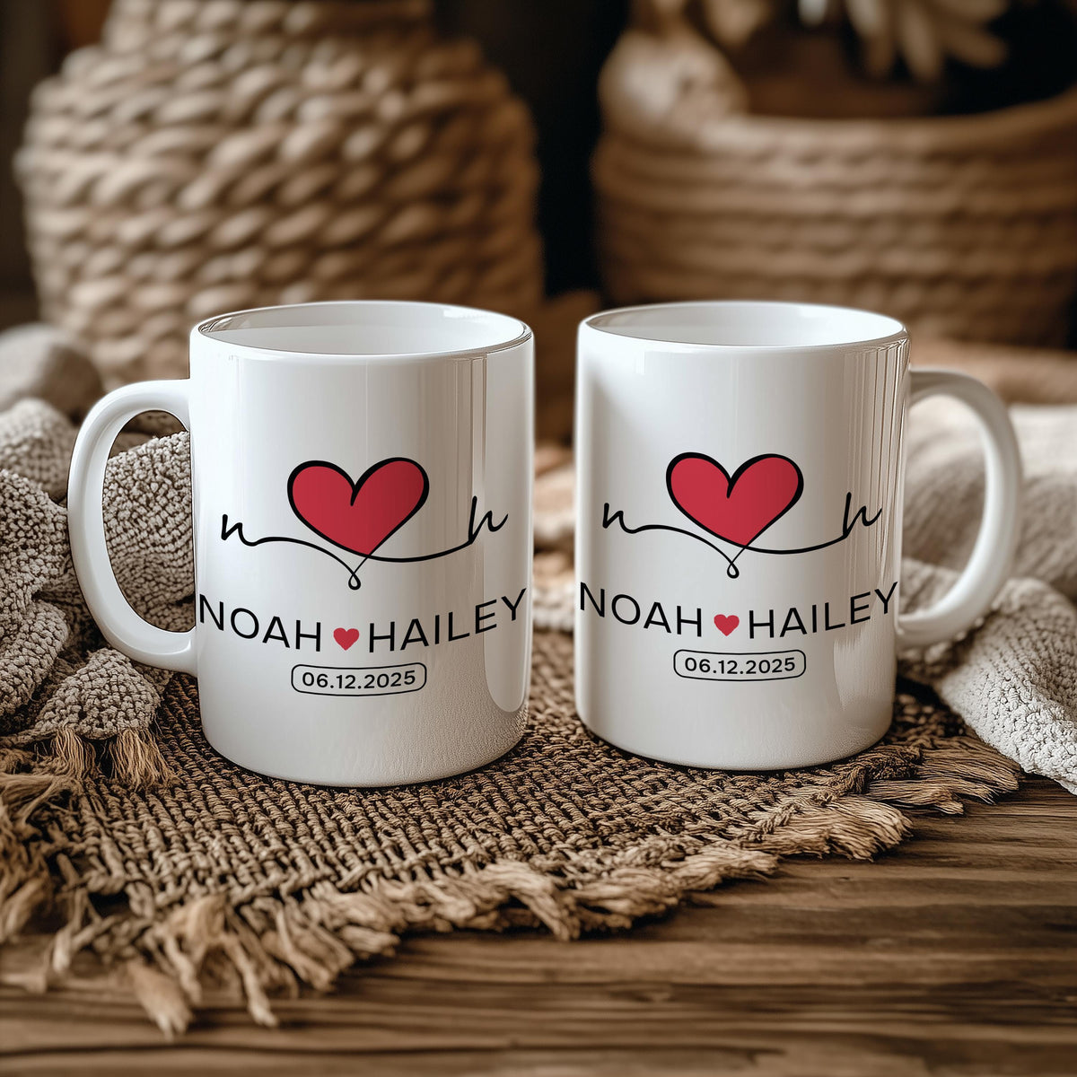 Customizable Hearth Design Ceramic Mug, Personalized Couple Names & Initials Coffee Cup