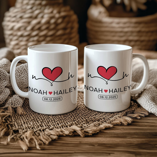 Customizable Hearth Design Ceramic Mug, Personalized Couple Names & Initials Coffee Cup