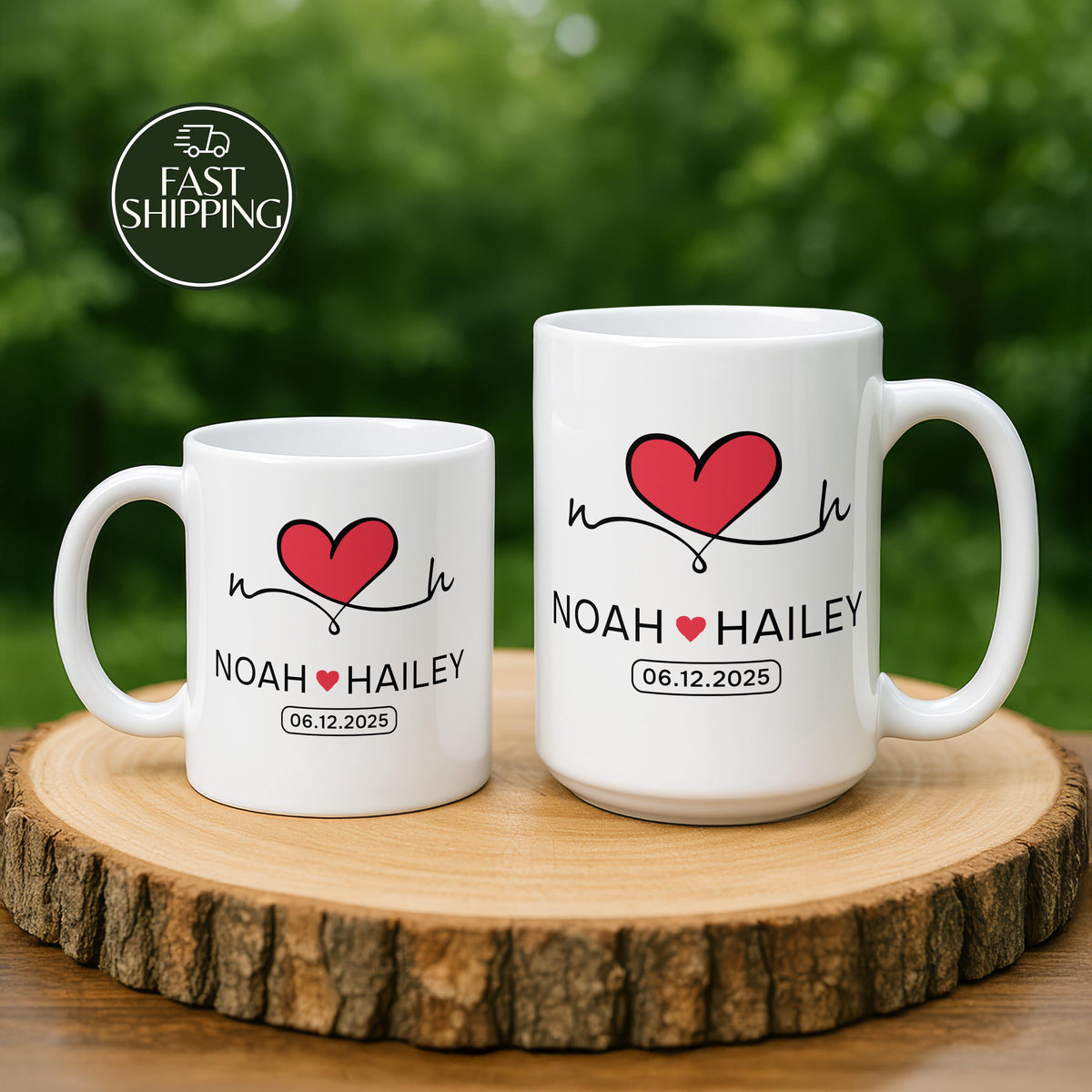 Customizable Hearth Design Ceramic Mug, Personalized Couple Names & Initials Coffee Cup