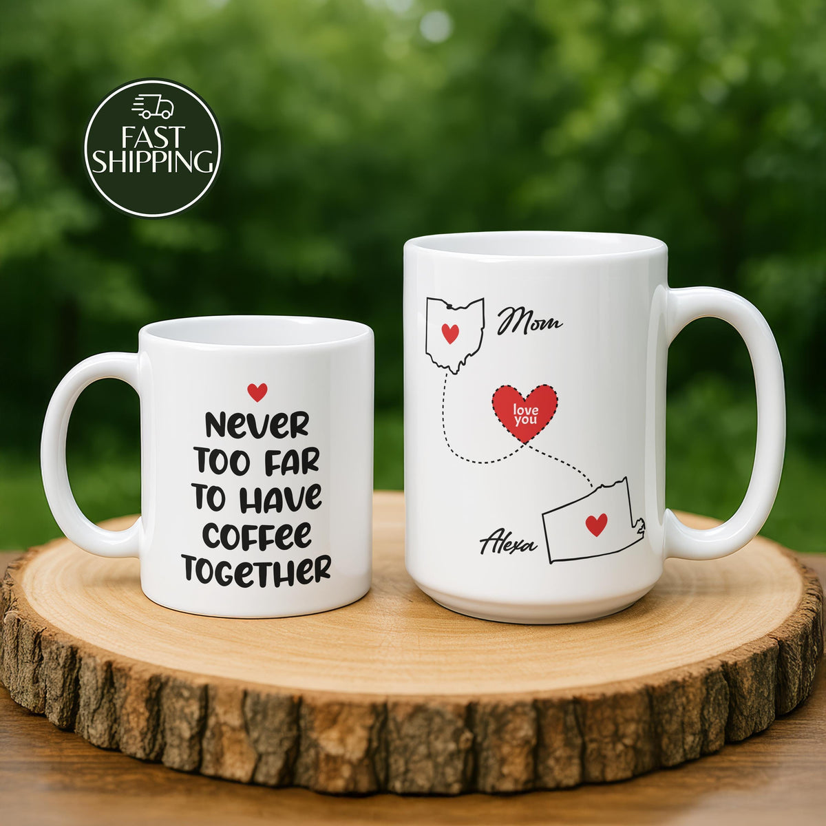 Never Too Far To Have Coffee Together Mug, Personalized State To State Ceramic Cup