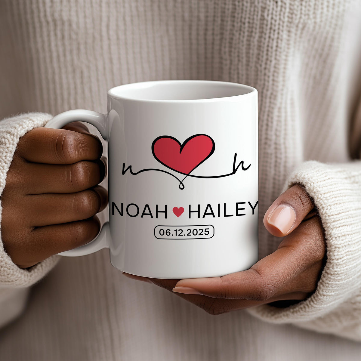Customizable Hearth Design Ceramic Mug, Personalized Couple Names & Initials Coffee Cup