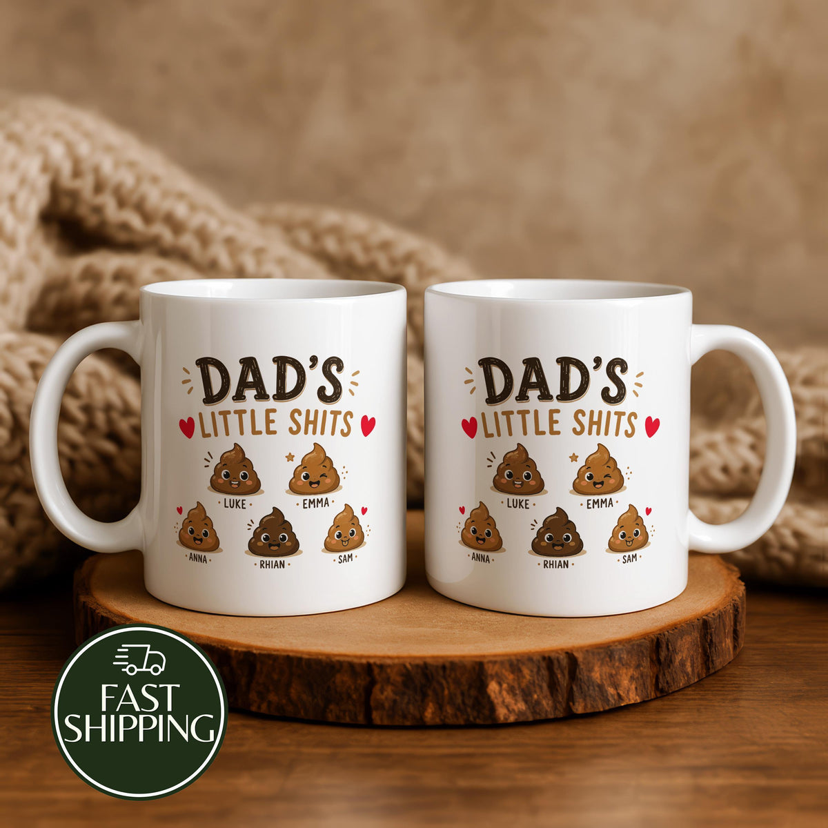 Custom Dad’s Little Shits Coffee Mug, Personalized Funny Poop Cartoon Cup with Children Names