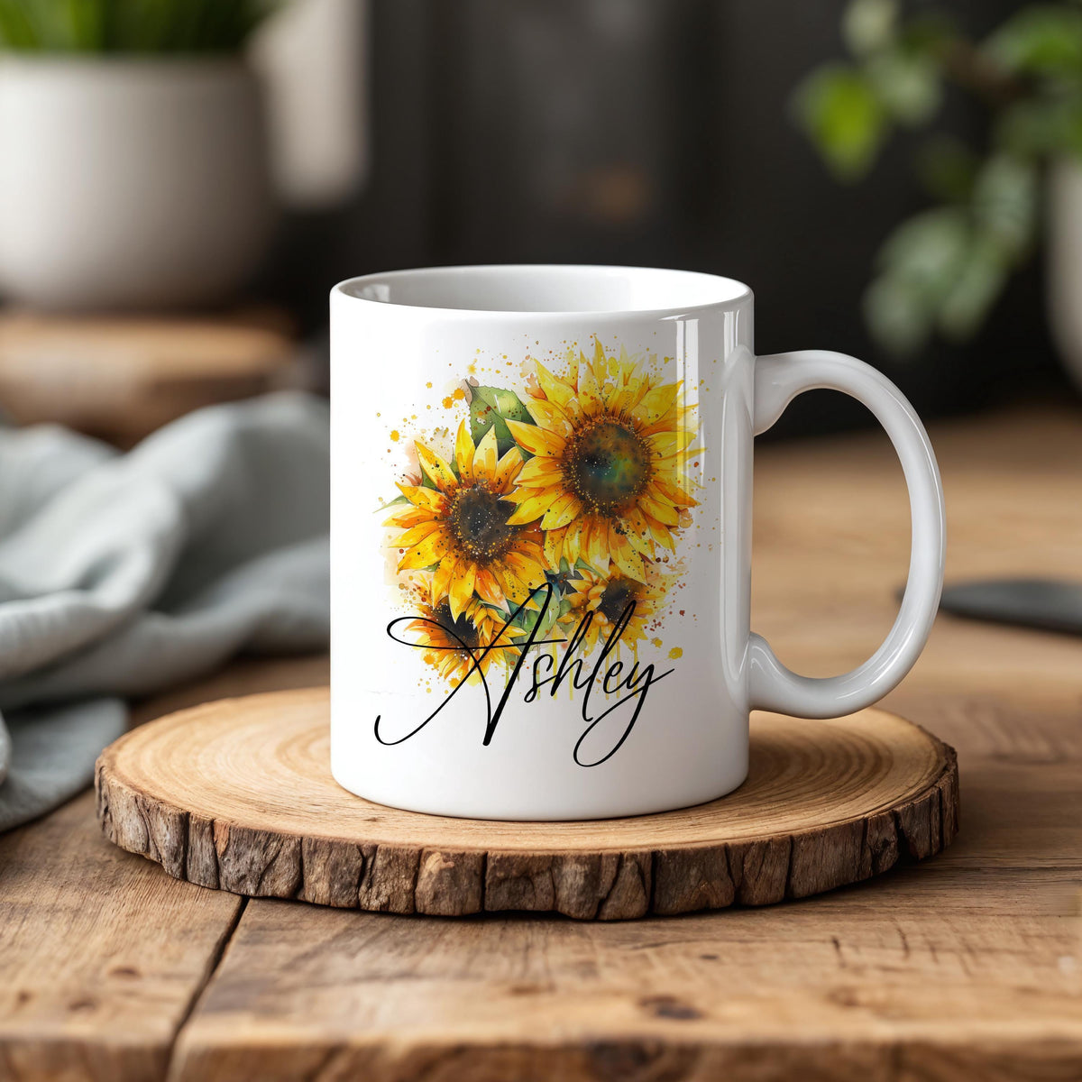 Custom Sunflower Coffee Mug, Personalized Name Floral Cup, Flower Lover Gift