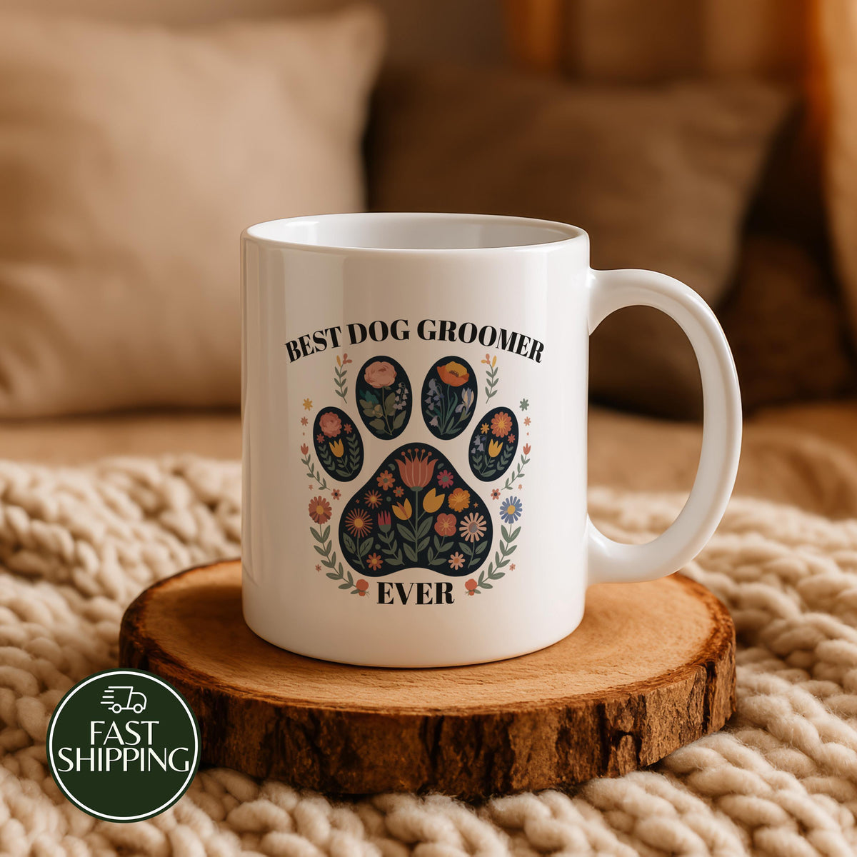 Custom Name Best Dog Groomer Ever Coffee Mug, Floral Paw Print Pet Coiffeur Ceramic Cup