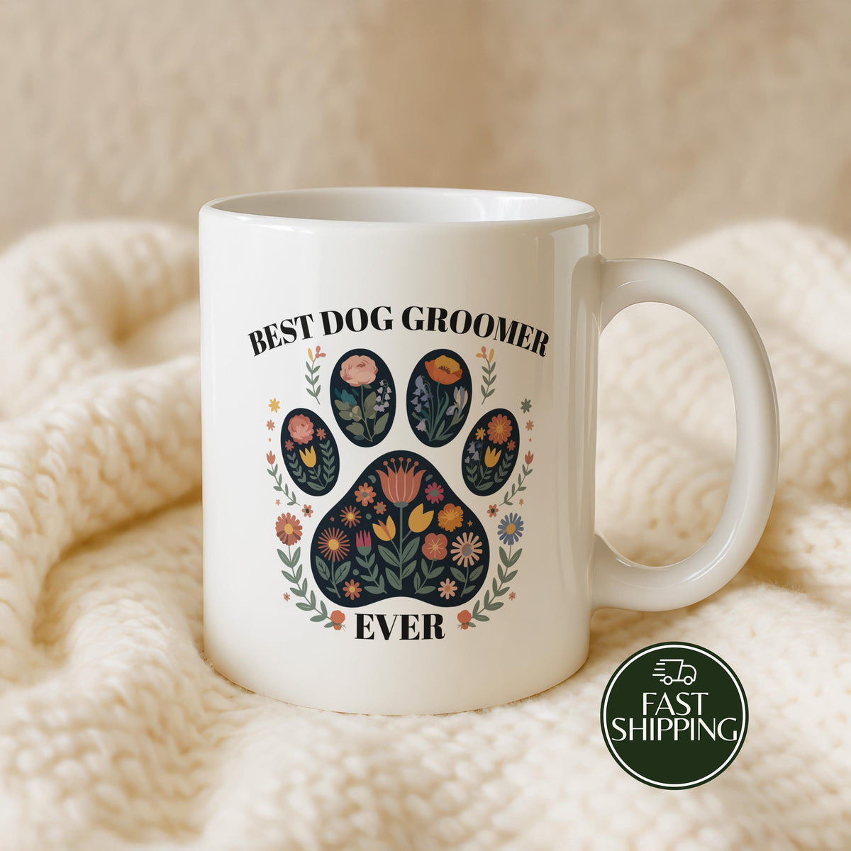 Custom Name Best Dog Groomer Ever Coffee Mug, Floral Paw Print Pet Coiffeur Ceramic Cup