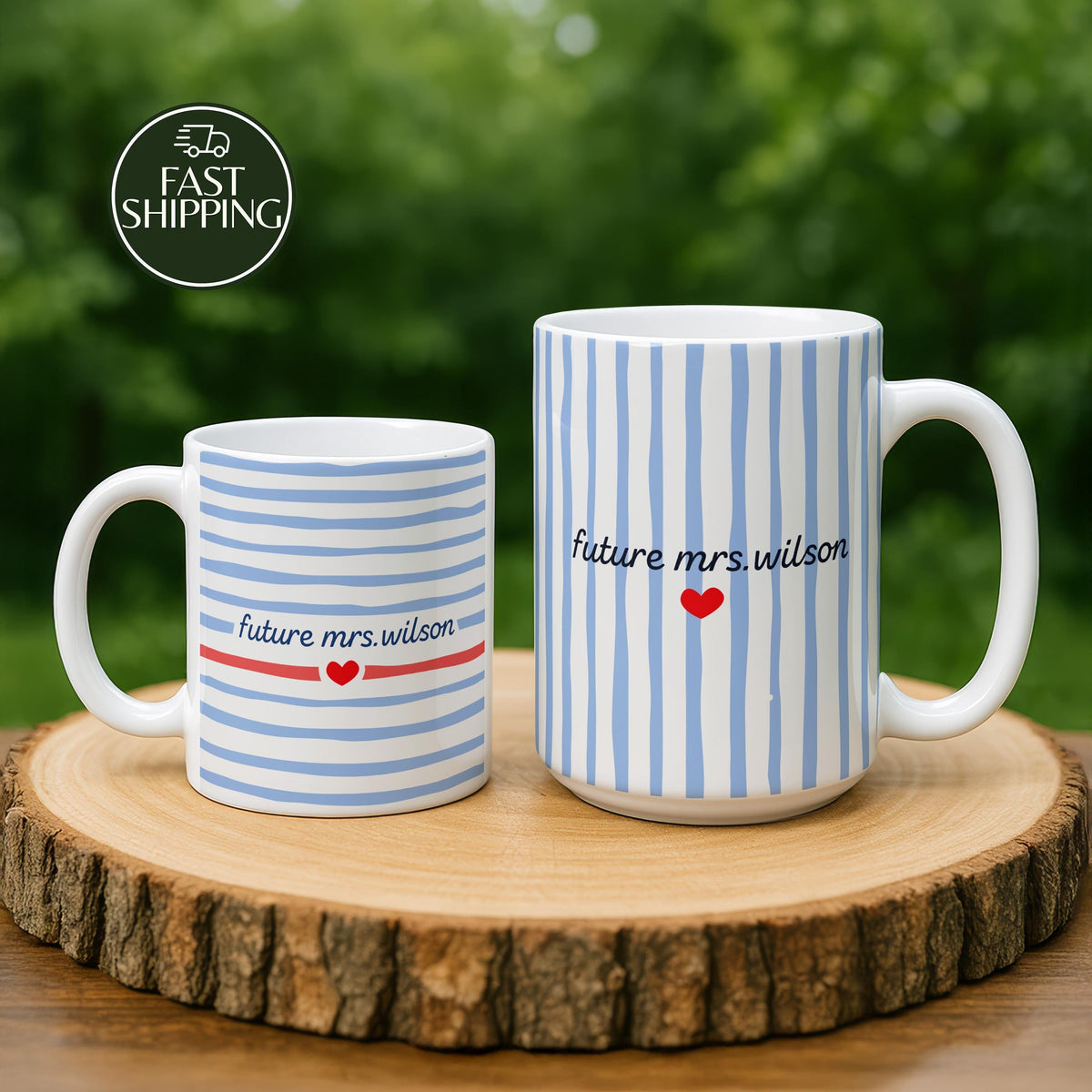Personalized Future Mrs Coffee Mug, Blue Striped Fiancee Pottery Tea Cup