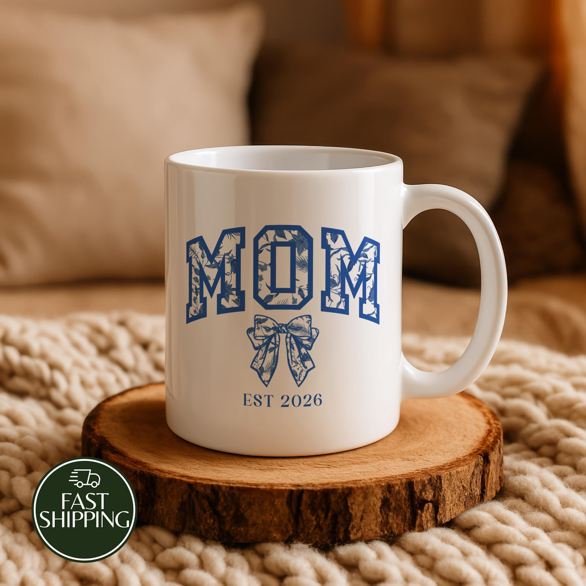 Custom Est Coquette Aesthetic Mom Cup, Blue Floral Bow Design Mom Coffee Mug