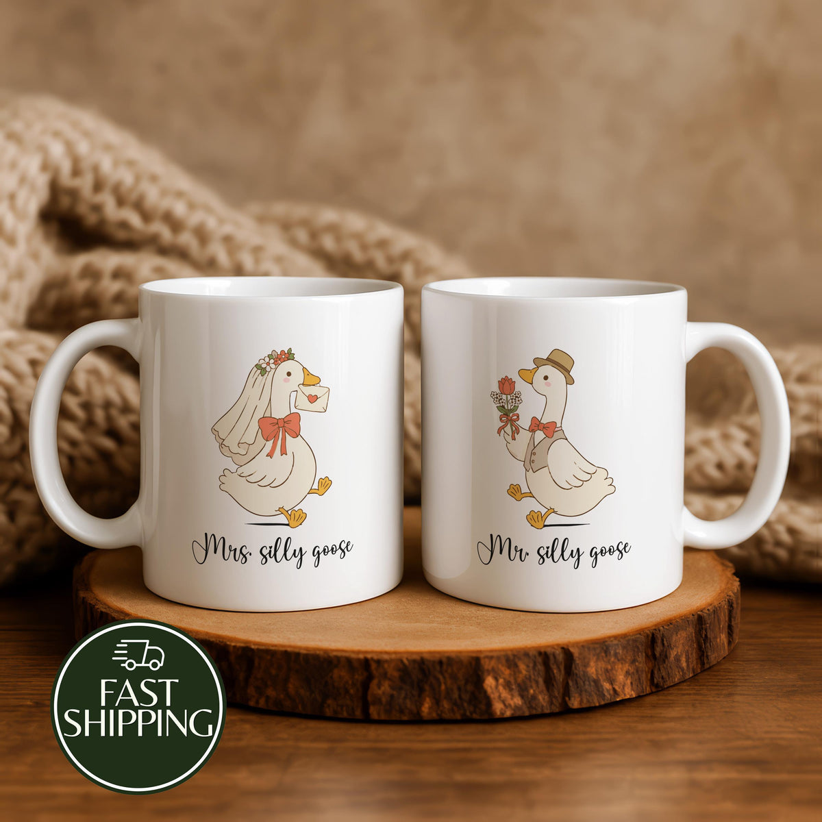 Mr Silly Goose & Mrs Silly Goose Matching Ceramic Cups, Cute Goose Bride and Groom Coffee Mug