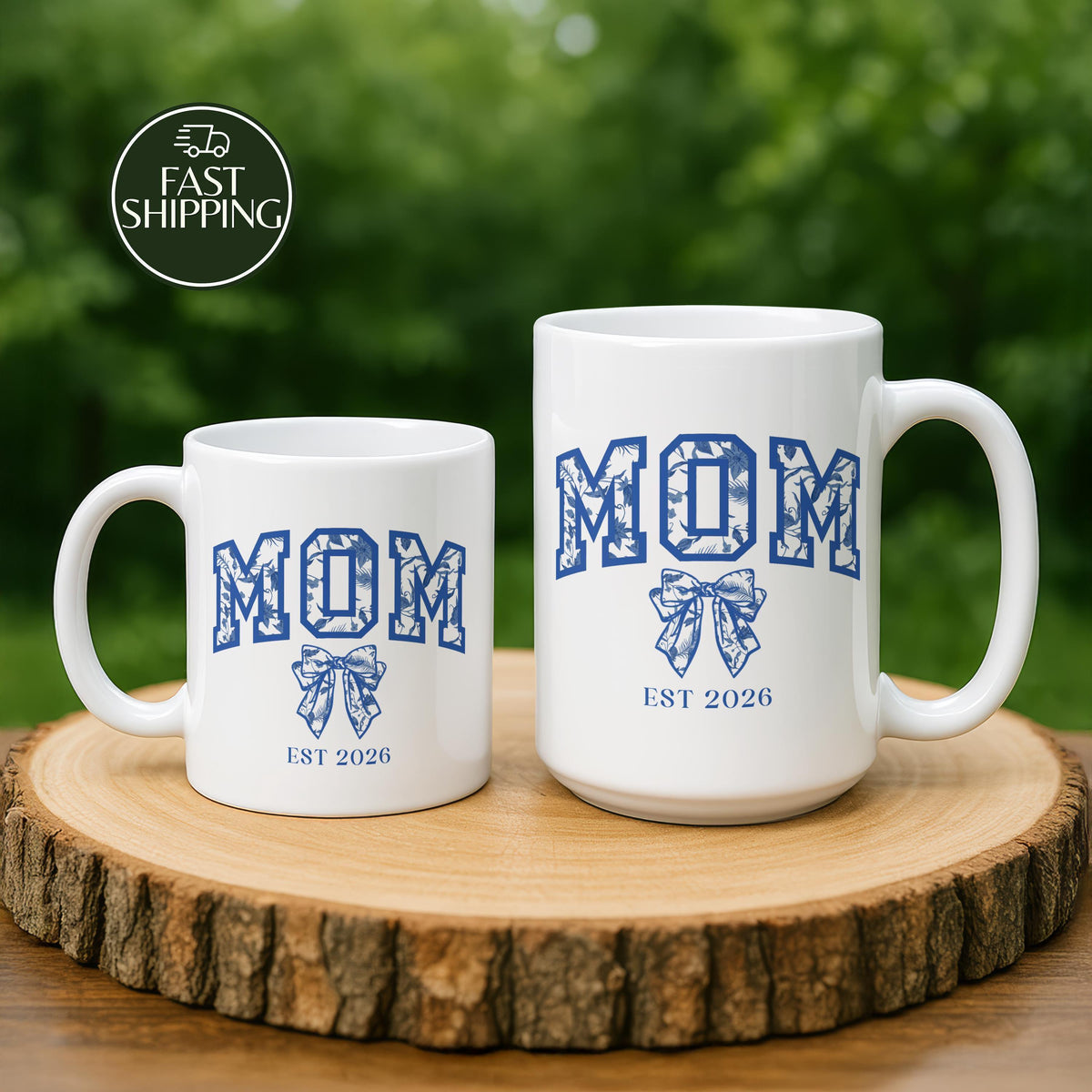Custom Est Coquette Aesthetic Mom Cup, Blue Floral Bow Design Mom Coffee Mug