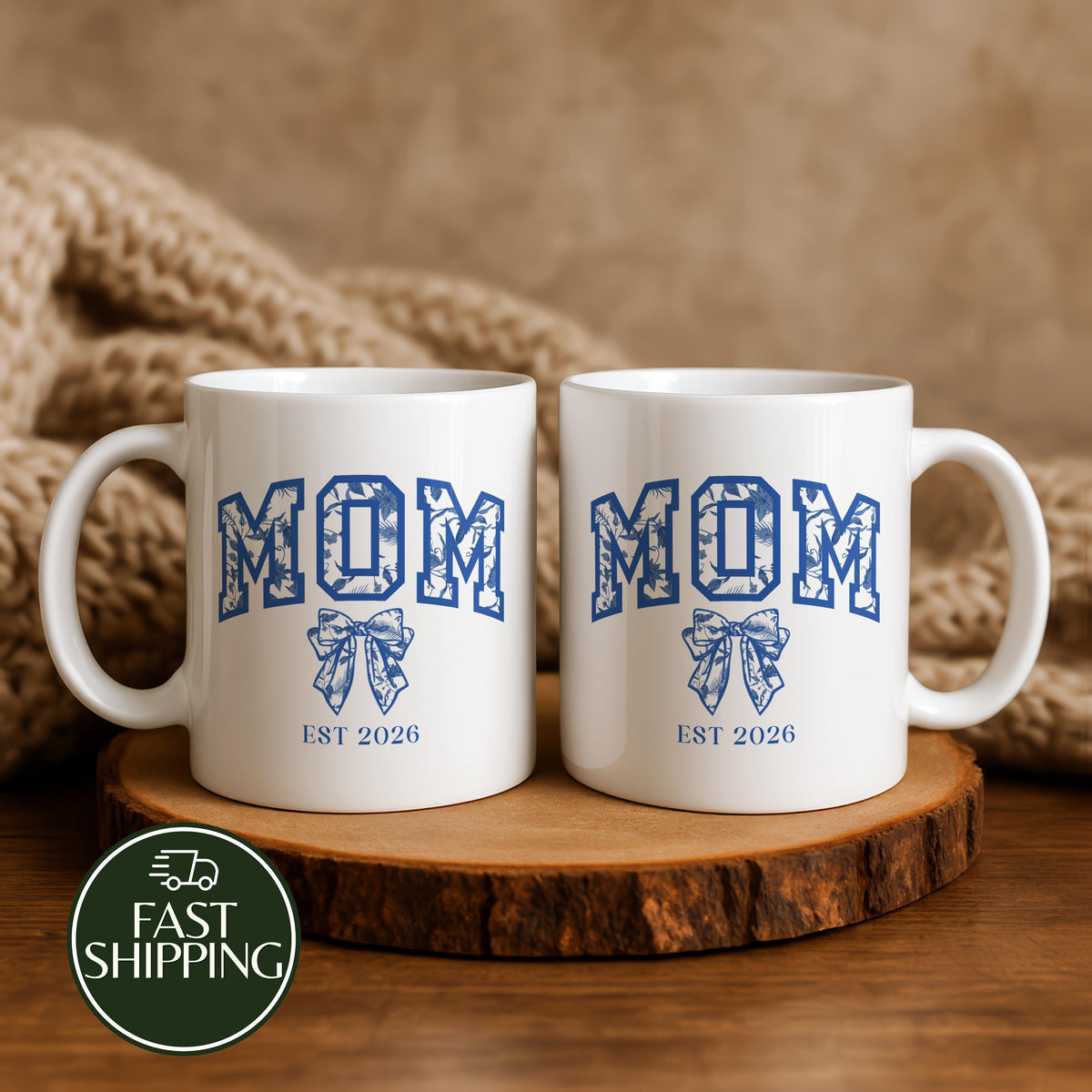 Custom Est Coquette Aesthetic Mom Cup, Blue Floral Bow Design Mom Coffee Mug