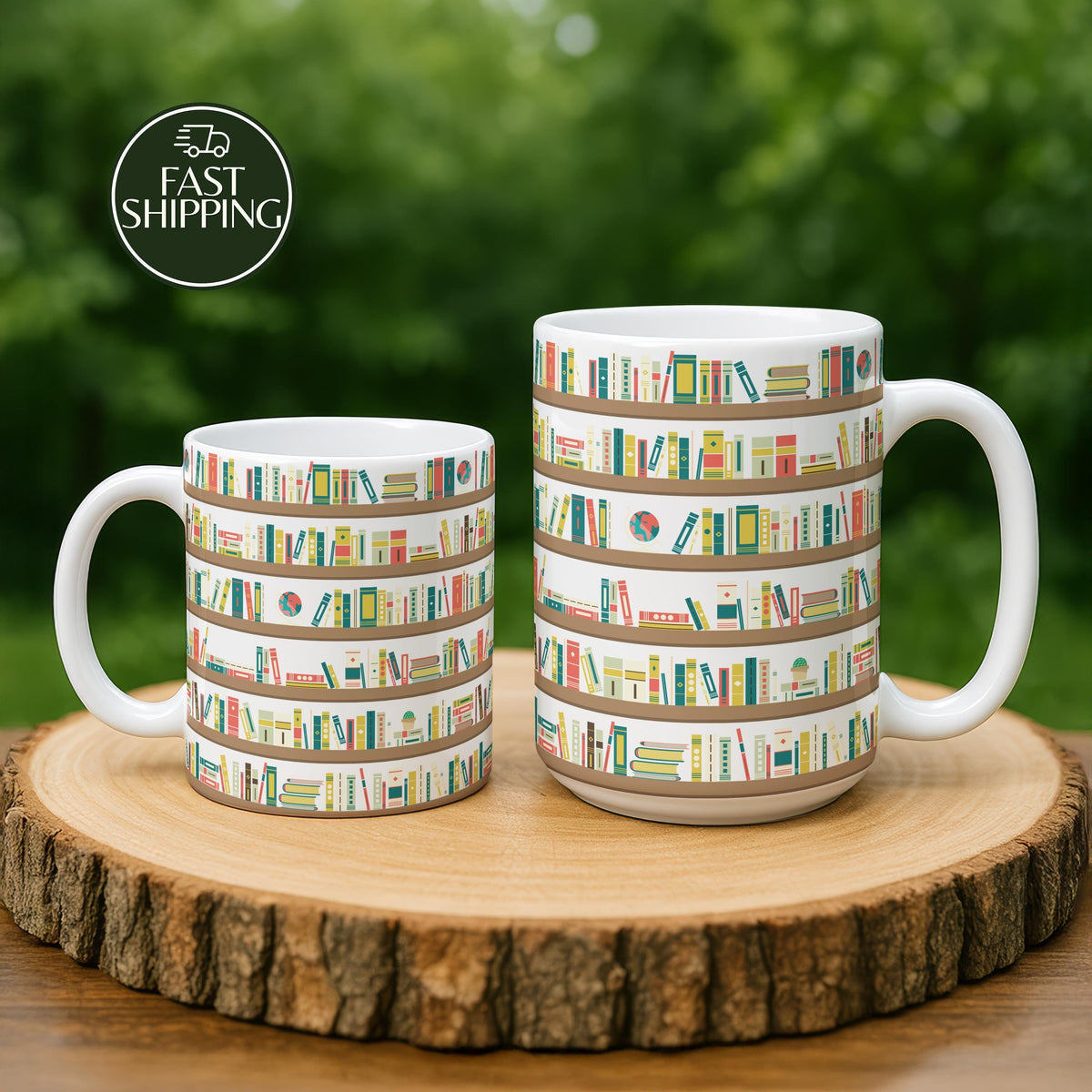 Bookshelf Illustration Coffee Mug, Cozy Reading Ceramic Cup, Aesthetic Book Enthusiast Gift