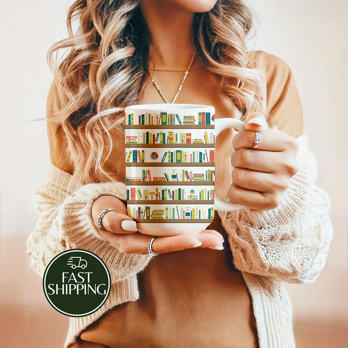 Bookshelf Illustration Coffee Mug, Cozy Reading Ceramic Cup, Aesthetic Book Enthusiast Gift