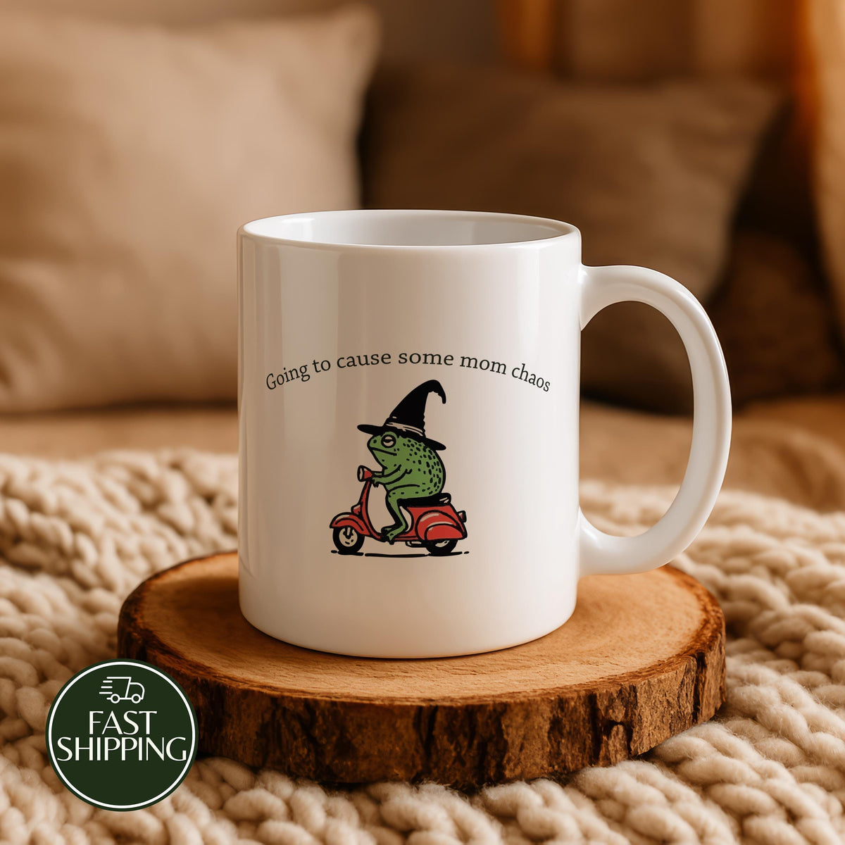 Going to Cause Some Mom Chaos Ceramic Cup, Wizard Frog on Scooter Coffee Mug