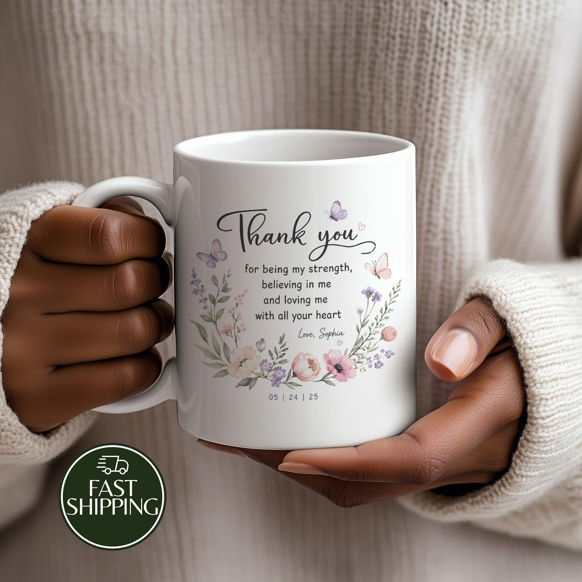 Custom Thank You for Being My Strength Floral Coffee Mug, Appreciation Quote Boho Ceramic Cup