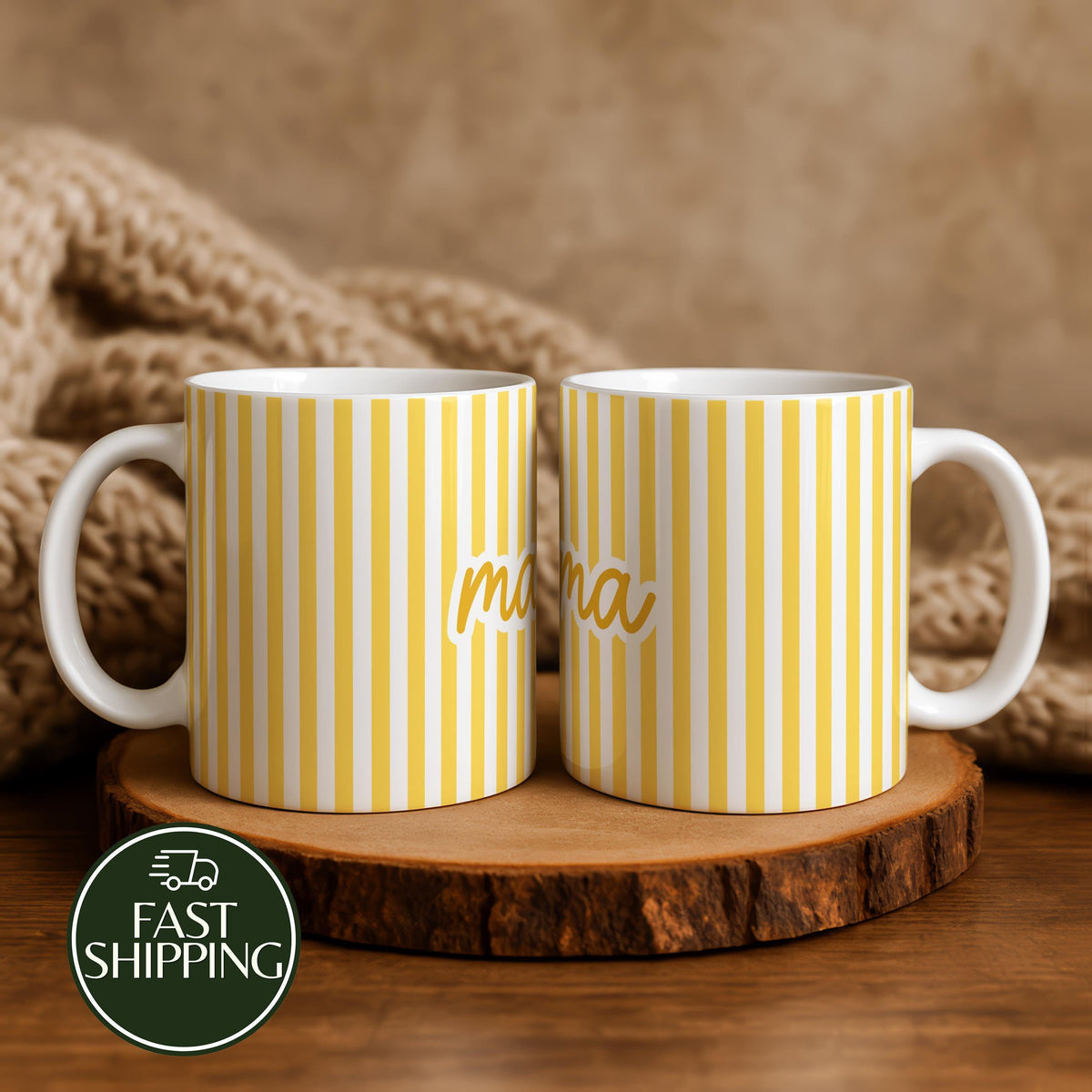 Aesthetic Yellow Striped Mama Coffee Mug, Preppy Office Desk Ceramic Mug for Mom