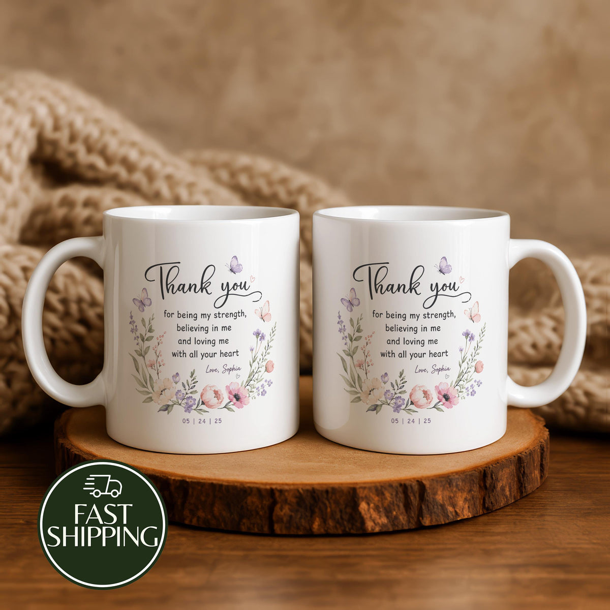 Custom Thank You for Being My Strength Floral Coffee Mug, Appreciation Quote Boho Ceramic Cup