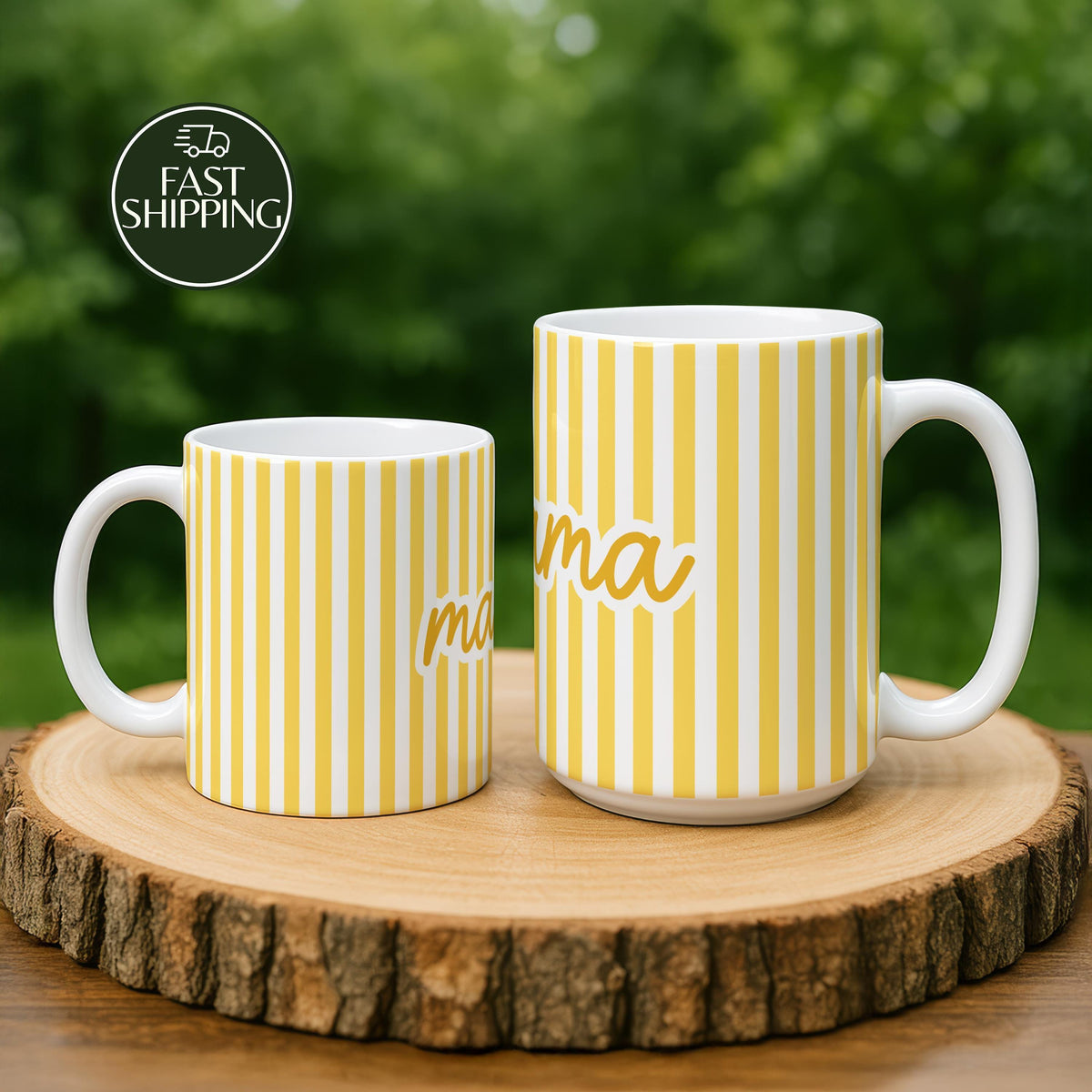 Aesthetic Yellow Striped Mama Coffee Mug, Preppy Office Desk Ceramic Mug for Mom