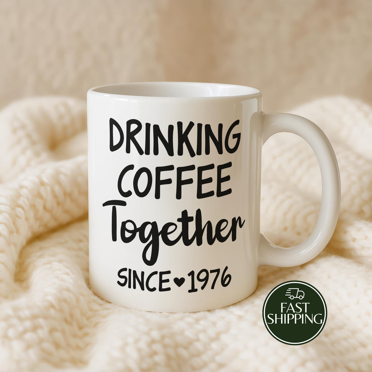 Personalized Drinking Coffee Together Ceramic Mug, Custom Name & Date Anniversary Cup