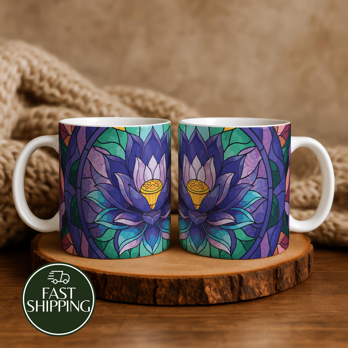 Stained Glass Lotus Illustration Coffee Mug, Botanical Mosaic Art Ceramic Cup
