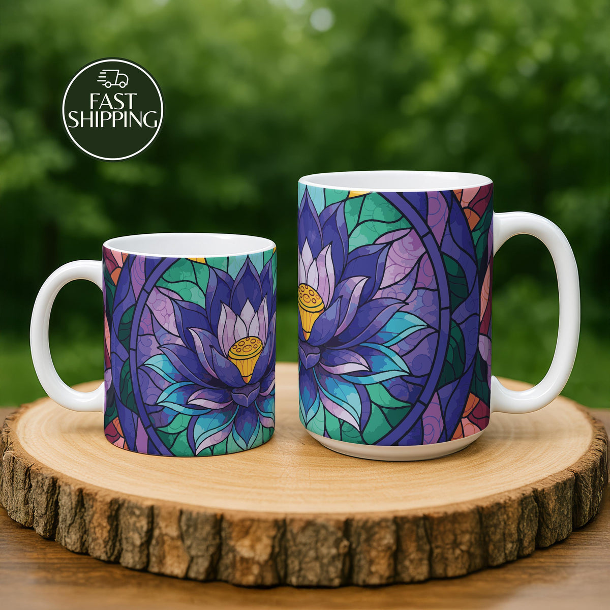 Stained Glass Lotus Illustration Coffee Mug, Botanical Mosaic Art Ceramic Cup