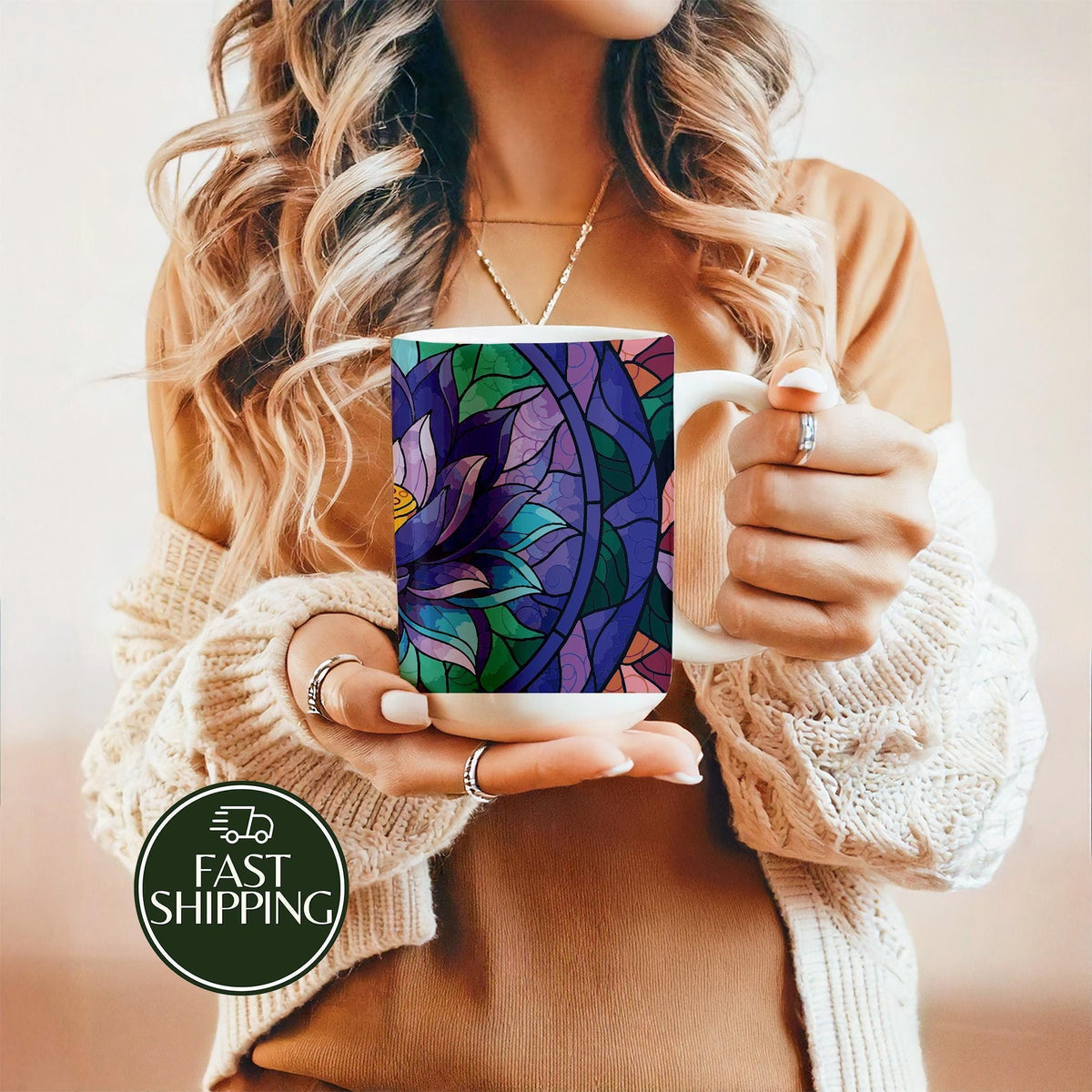 Stained Glass Lotus Illustration Coffee Mug, Botanical Mosaic Art Ceramic Cup
