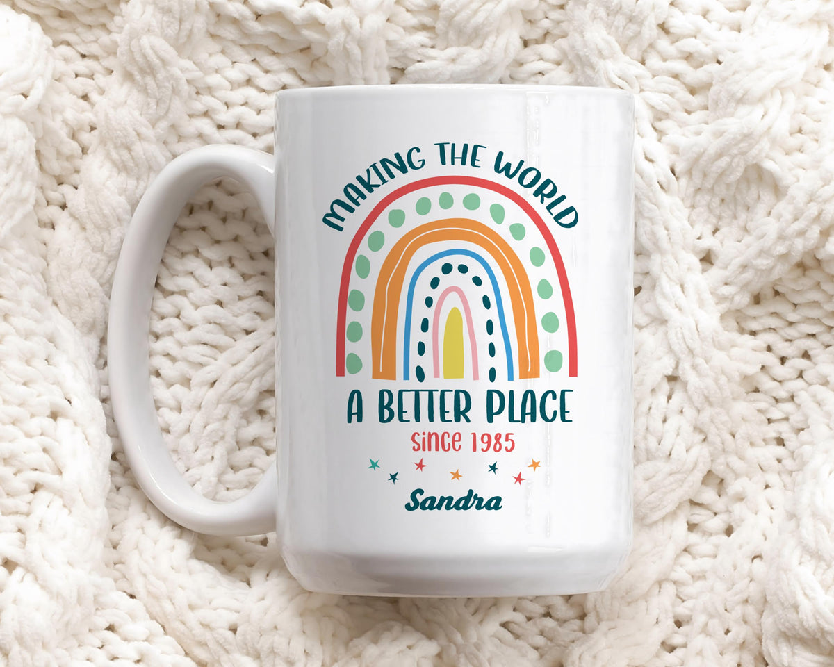 Custom Name And Date Birthday Celebration Mug, Making The World A Better Place Ceramic Cup