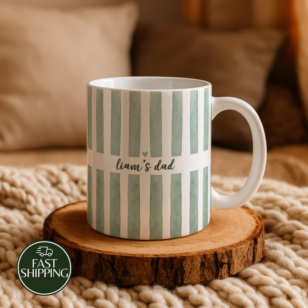 Personalized Child’s Name Stripped Ceramic Mug, Custom Minimalist Father Coffee Cup