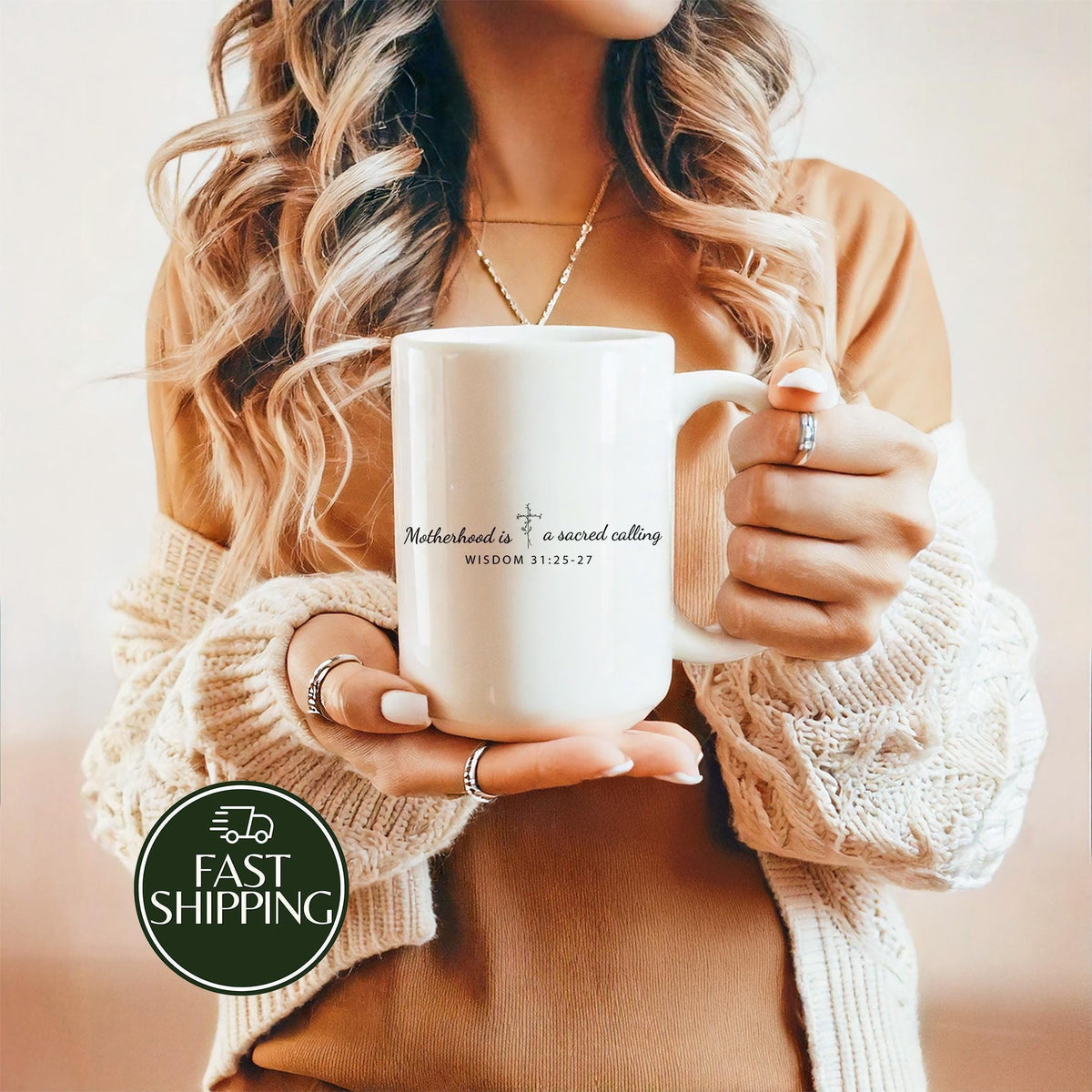 Motherhood Is A Sacred Calling Coffee Mug, Wisdom 31:25-27 Ceramic Cup, Christian Mom Drinkware