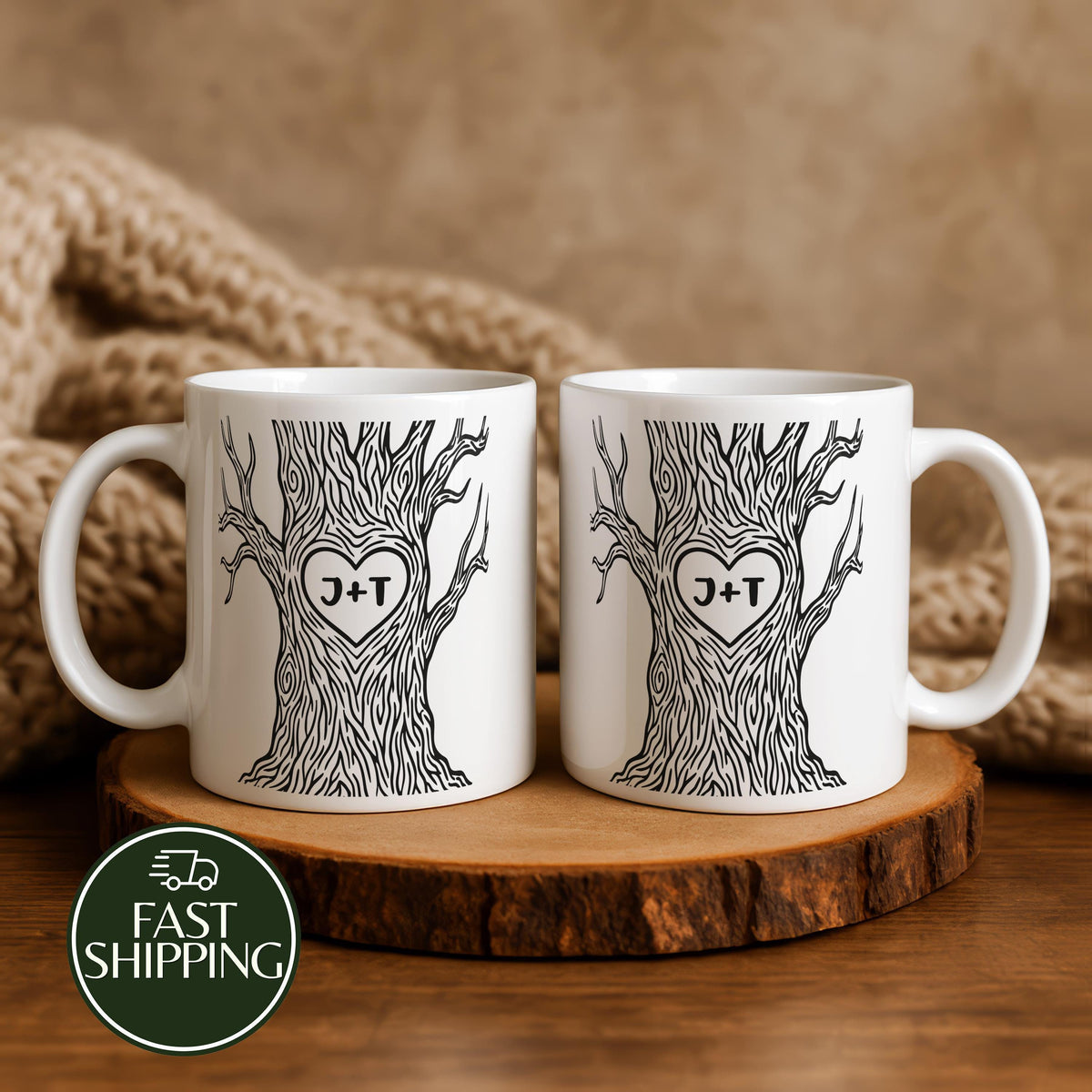 Custom Heart Tree Initials Coffee Mug, Newlyweds Matching Ceramic Cup
